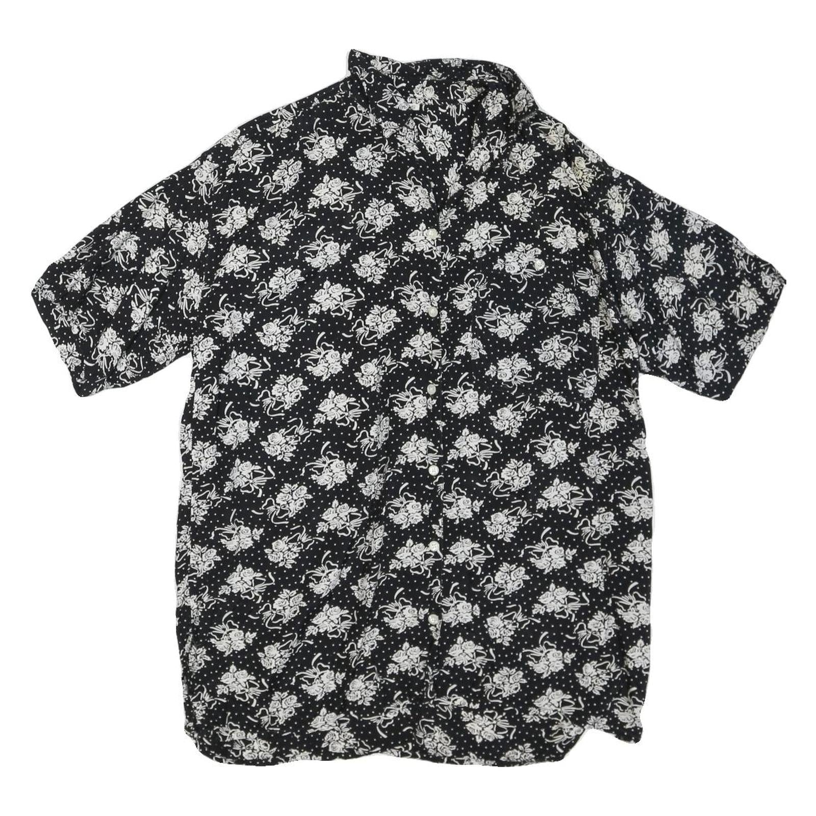 Womens Black & White Floral Printed Blouse Short Sleeve Collared S Polyester Refurbished - N/A refurbished available on Cerqular