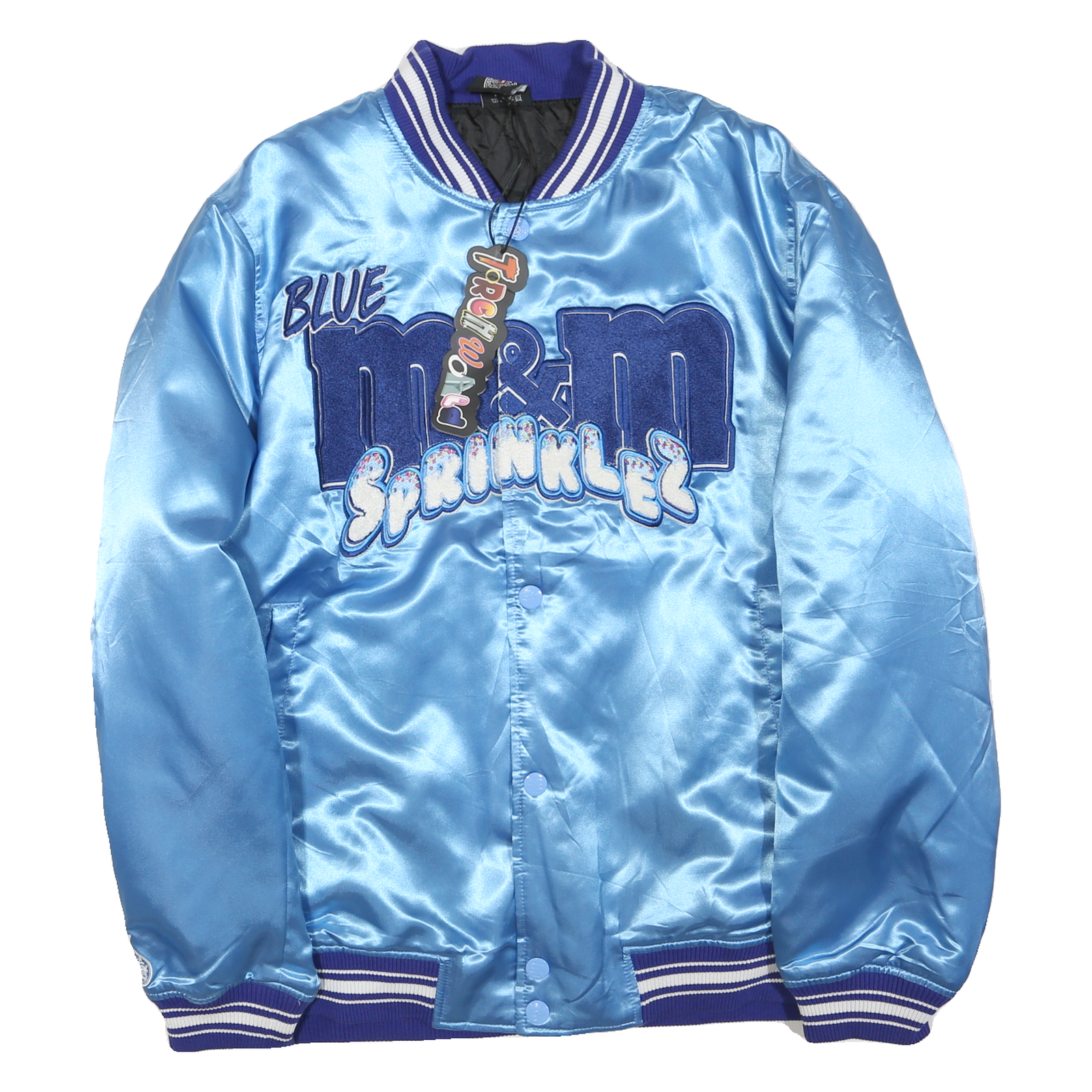 TORCHWORLD Mens Blue Satin Button Jacket L Embroidered M&M Sprinklez Refurbished - N/A refurbished available on Cerqular