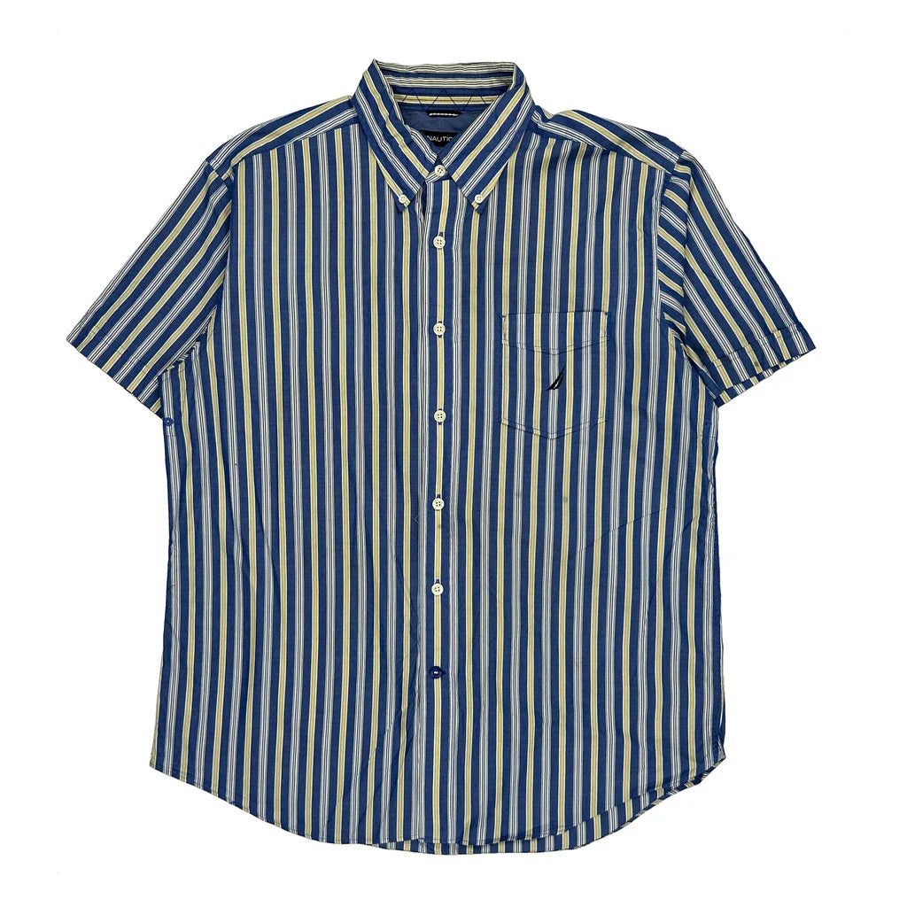 Nautica Striped Short Sleeve Shirt - Large Yellow Cotton Refurbished - Thrifted (note: this is a term often used to describe second- refurbished available on Cerqular
