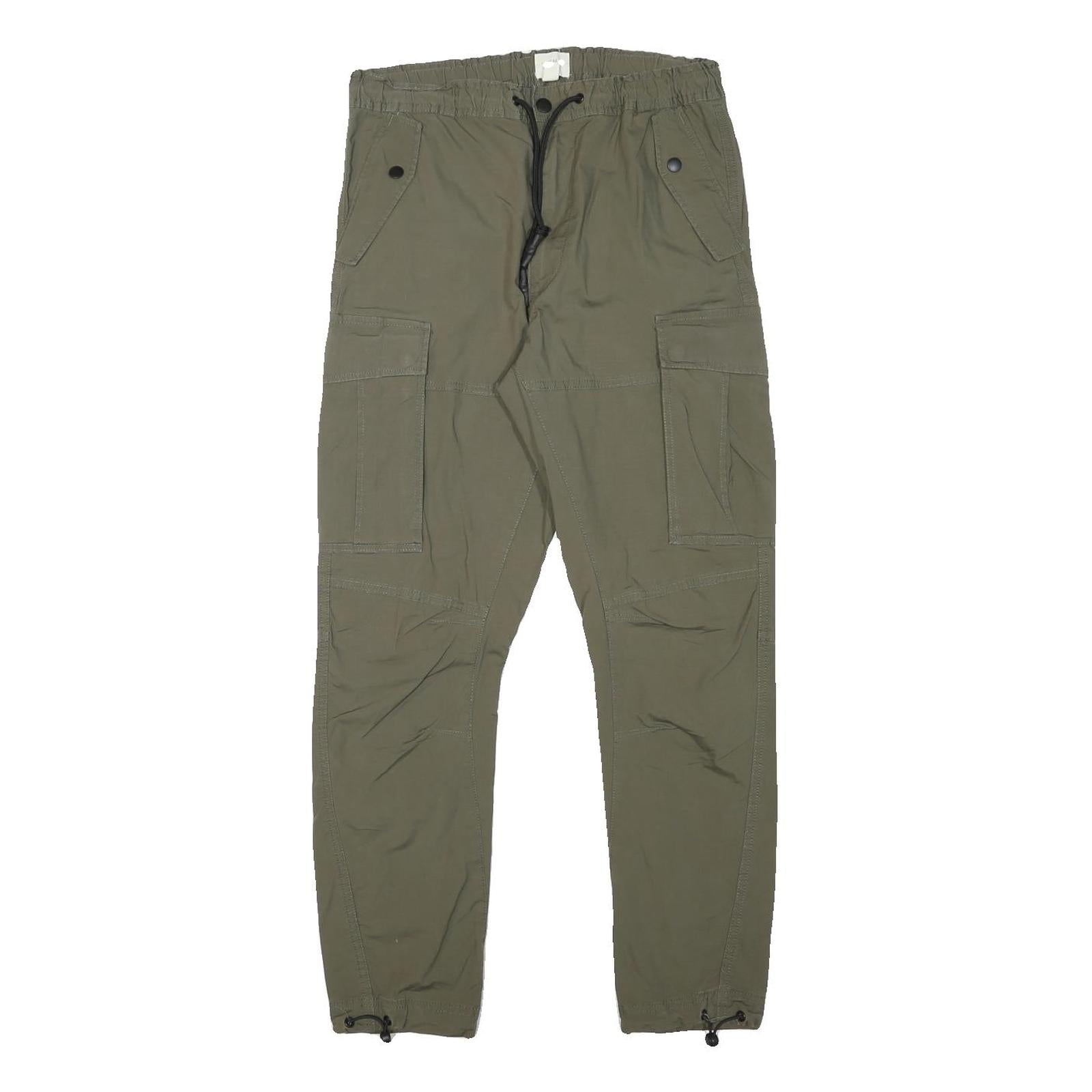 H&M Mens Cotton Blend Slim Cargo Trousers Green W29 L28 Drawstring Pockets Refurbished - N/A refurbished available on Cerqular