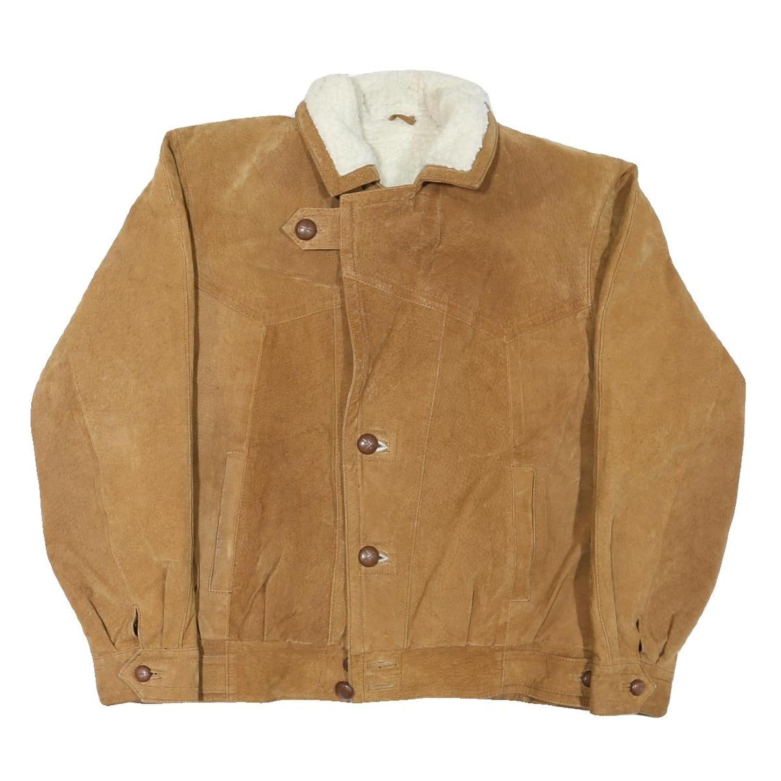 Mens Beige Leather Button Closure Jacket L Suede Plain Casual Outerwear Refurbished - N/A refurbished available on Cerqular