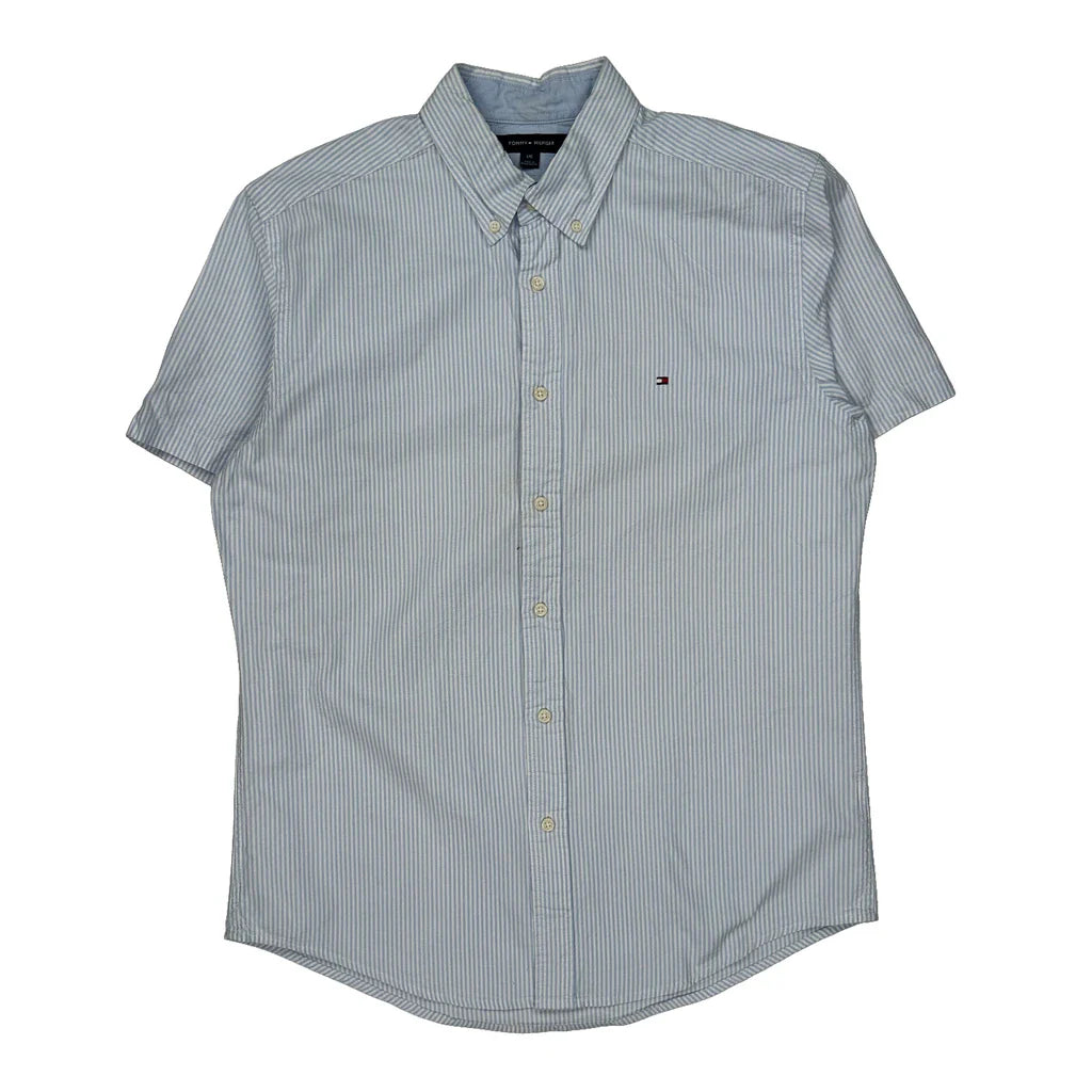 Tommy Hilfiger Striped Short Sleeve Shirt - Large Blue Cotton Refurbished - Thrifted (note: this is a term often used to describe second- refurbished available on Cerqular