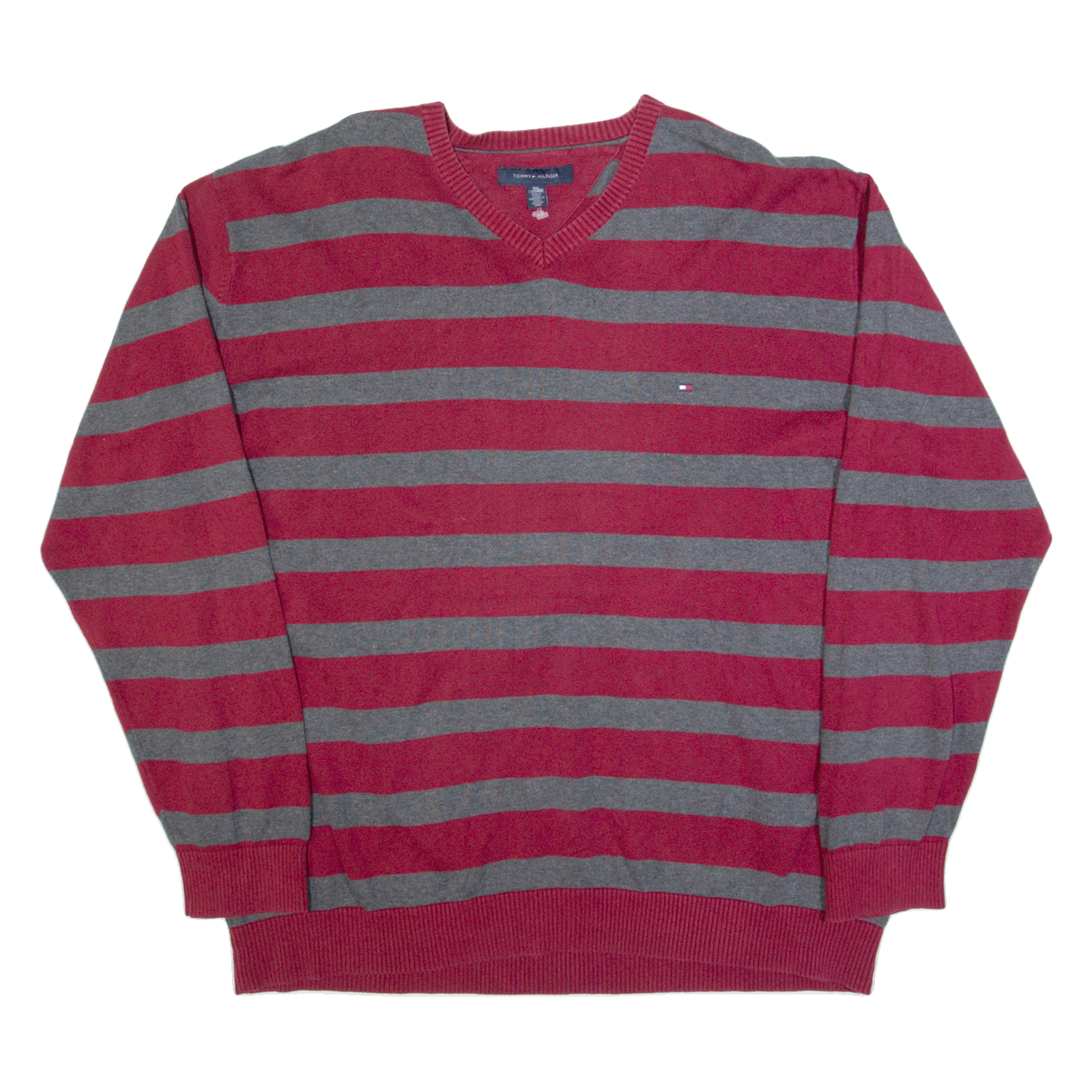 TOMMY HILFIGER Mens Patterned Jumper Maroon Striped V-Neck Tight Knit 2XL Refurbished - N/A refurbished available on Cerqular