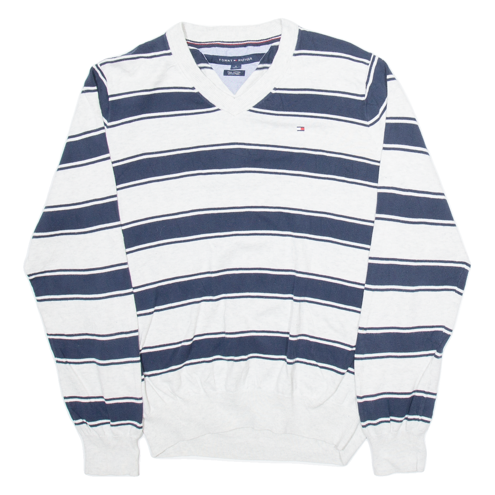 TOMMY HILFIGER Mens Patterned Jumper White Striped V-Neck Tight Knit M Refurbished - N/A refurbished available on Cerqular