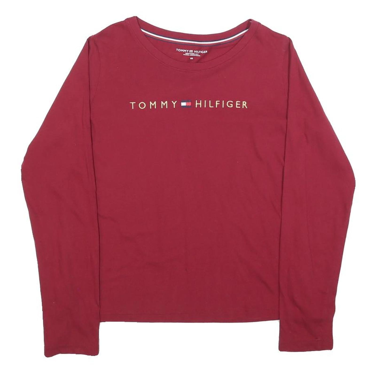 TOMMY HILFIGER Womens Red Long Sleeve Crew Neck T-Shirt XS Cotton Blend Logo Refurbished - N/A refurbished available on Cerqular