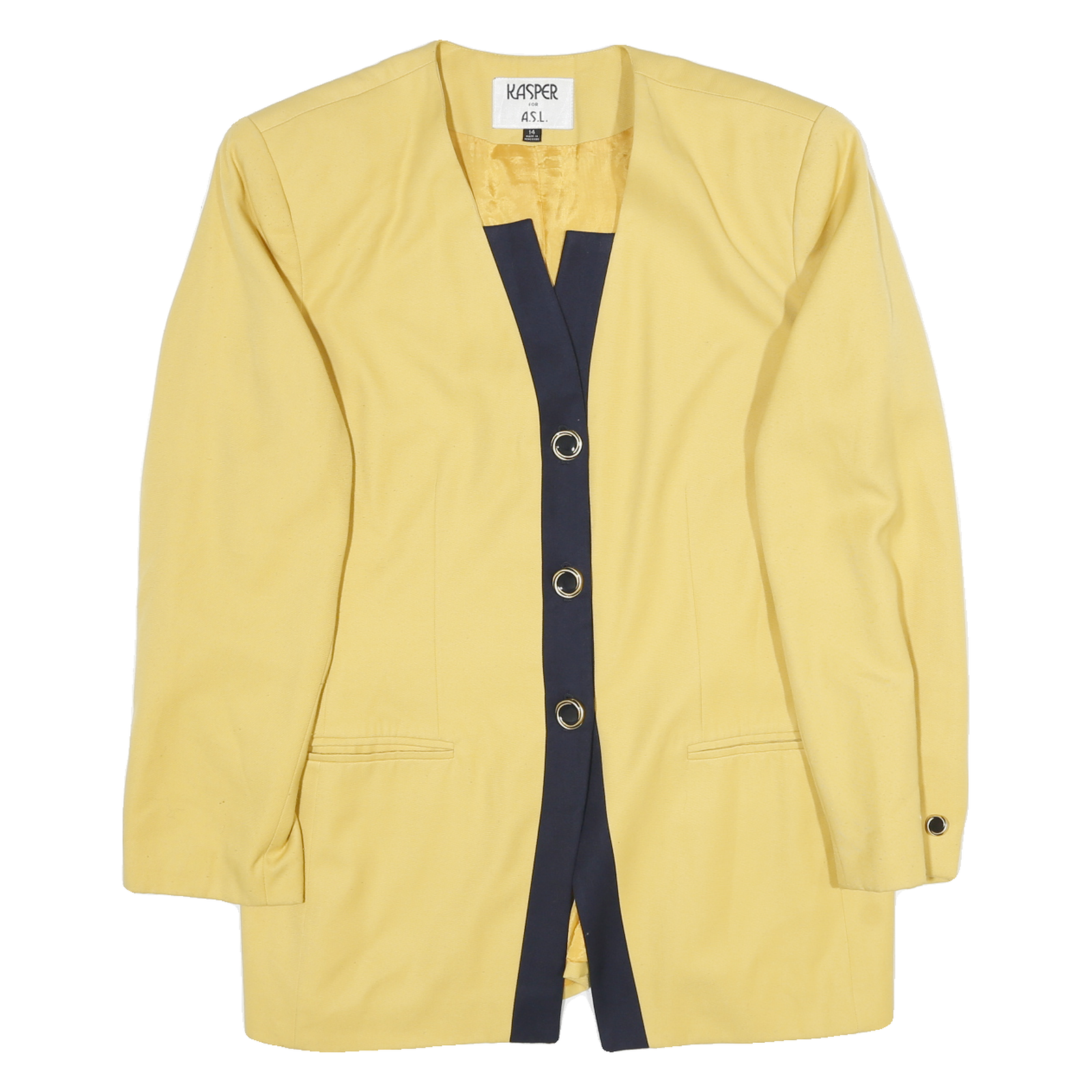 KASPER Womens Yellow & Navy Button Jacket UK 14 Cotton Blend Plain Elegant Refurbished - N/A refurbished available on Cerqular