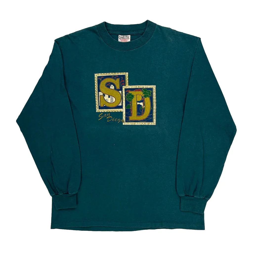 San Diego Oneita Single Stitch Long Sleeve T-Shirt - Medium Green Cotton Refurbished - Thrifted (note: this is a term often used to describe second- refurbished available on Cerqular