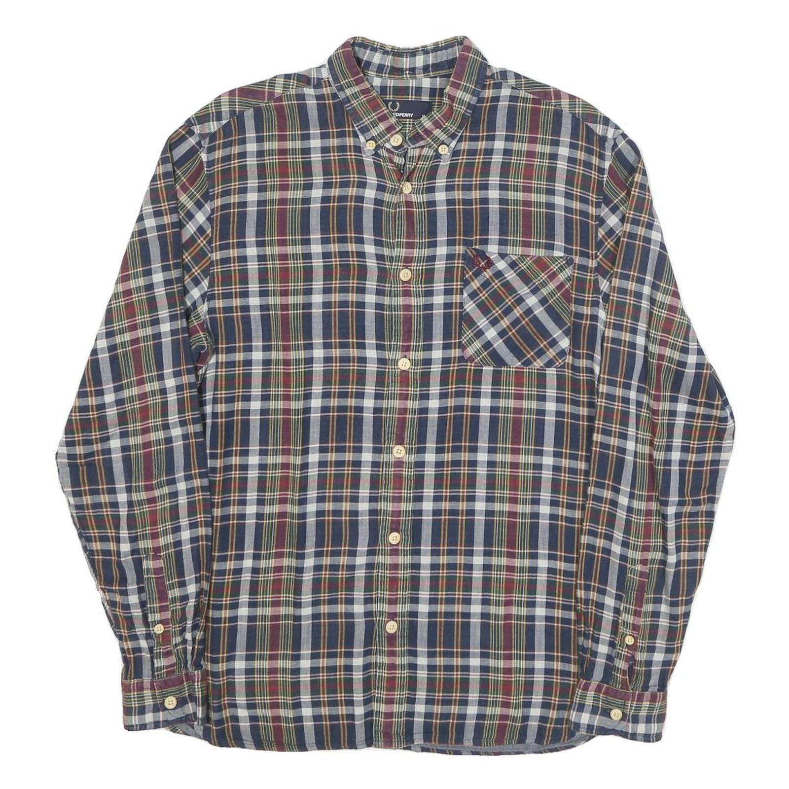 FRED PERRY Mens Blue Red Green Check Shirt M Cotton Blend Classic Button-Down Refurbished - N/A refurbished available on Cerqular