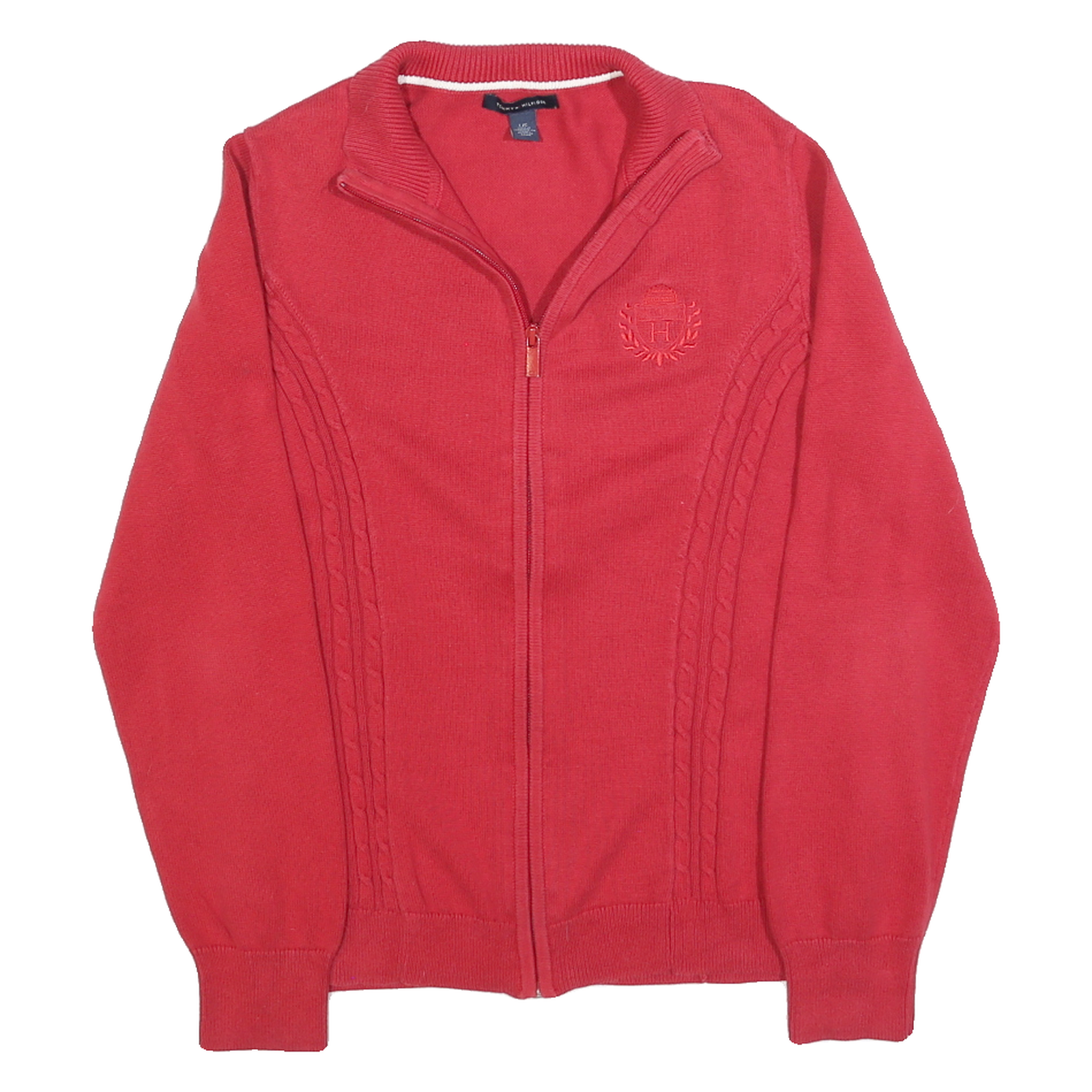 TOMMY HILFIGER Womens Red Pullover Patterned V-Neck Cable Knit Jumper L Zip Refurbished - N/A refurbished available on Cerqular