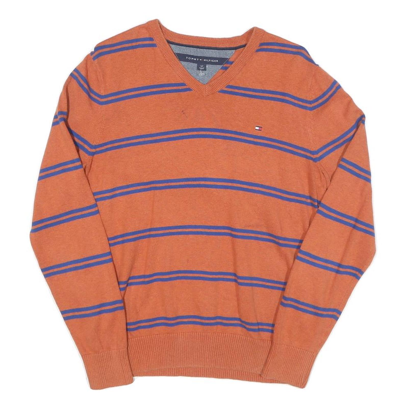 TOMMY HILFIGER Mens Orange & Blue Striped Patterned V-Neck Basic Knit Jumpers S Refurbished - N/A refurbished available on Cerqular