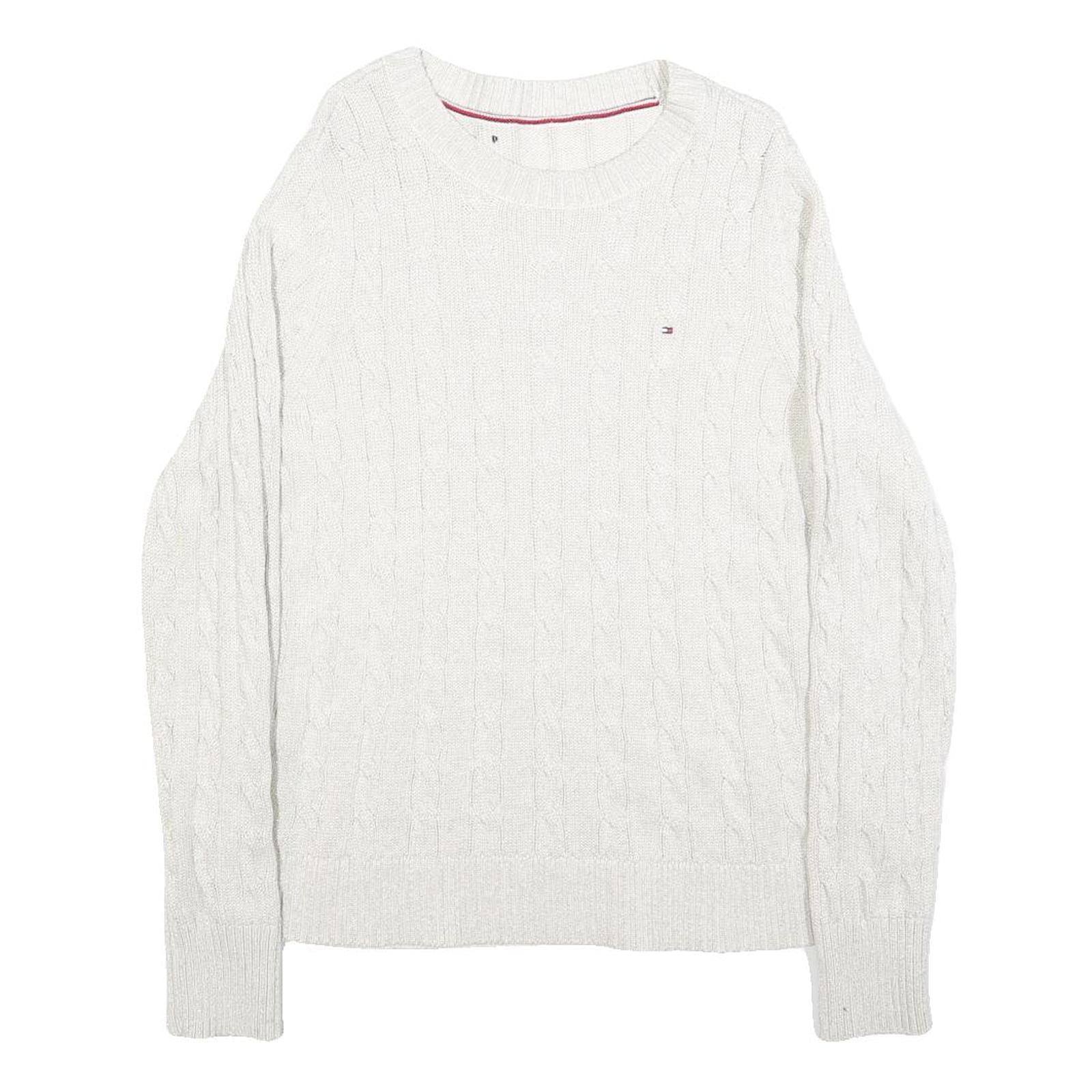 TOMMY HILFIGER Womens White Cable Knit Cotton Blend Jumper Crew Neck M Refurbished - N/A refurbished available on Cerqular