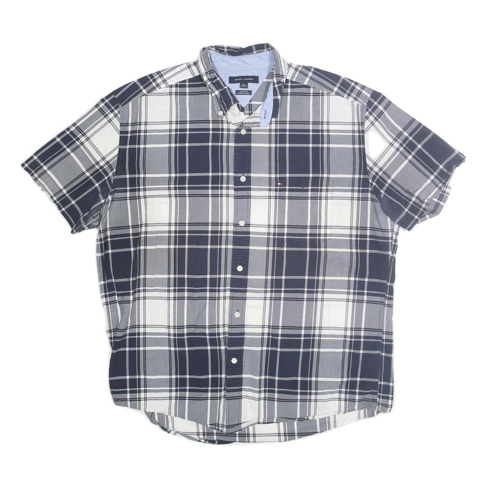 TOMMY HILFIGER Mens Blue & Grey Check Shirt XL Button Short Sleeve Casual Refurbished - N/A refurbished available on Cerqular