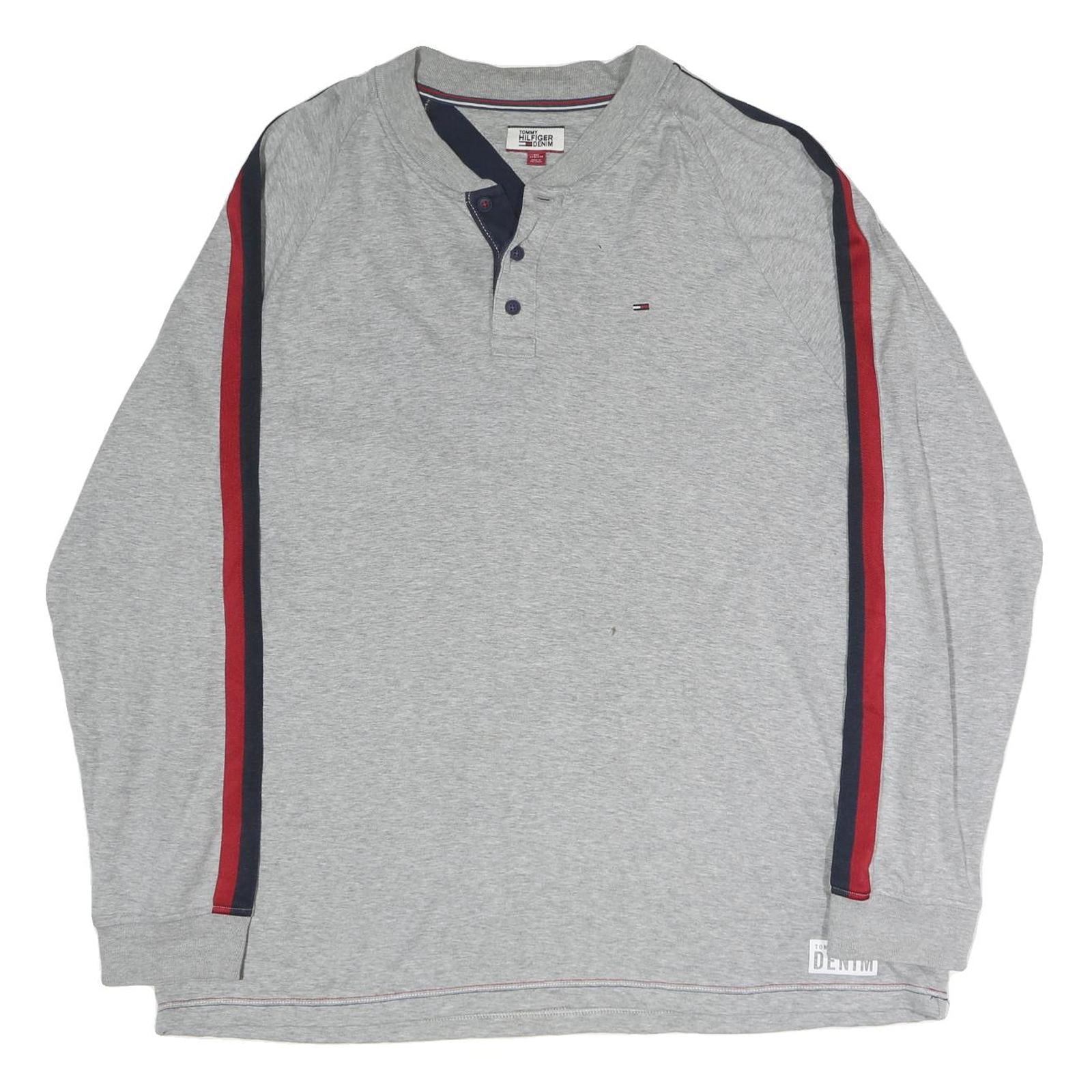 TOMMY HILFIGER Mens Grey 2XL Long Sleeve Henley Denim Stripe Detail Refurbished - N/A refurbished available on Cerqular