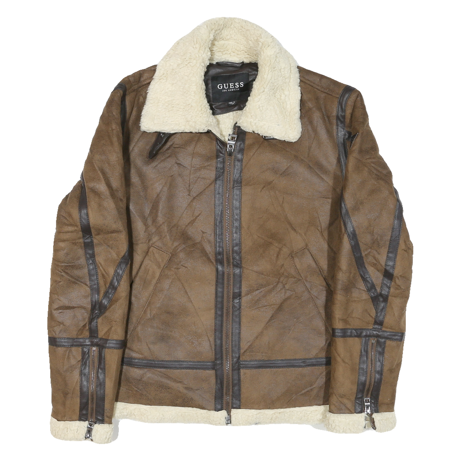 GUESS Mens Brown Leather Shearling Jacket XS Zip Warm Lined Outerwear Refurbished - N/A refurbished available on Cerqular