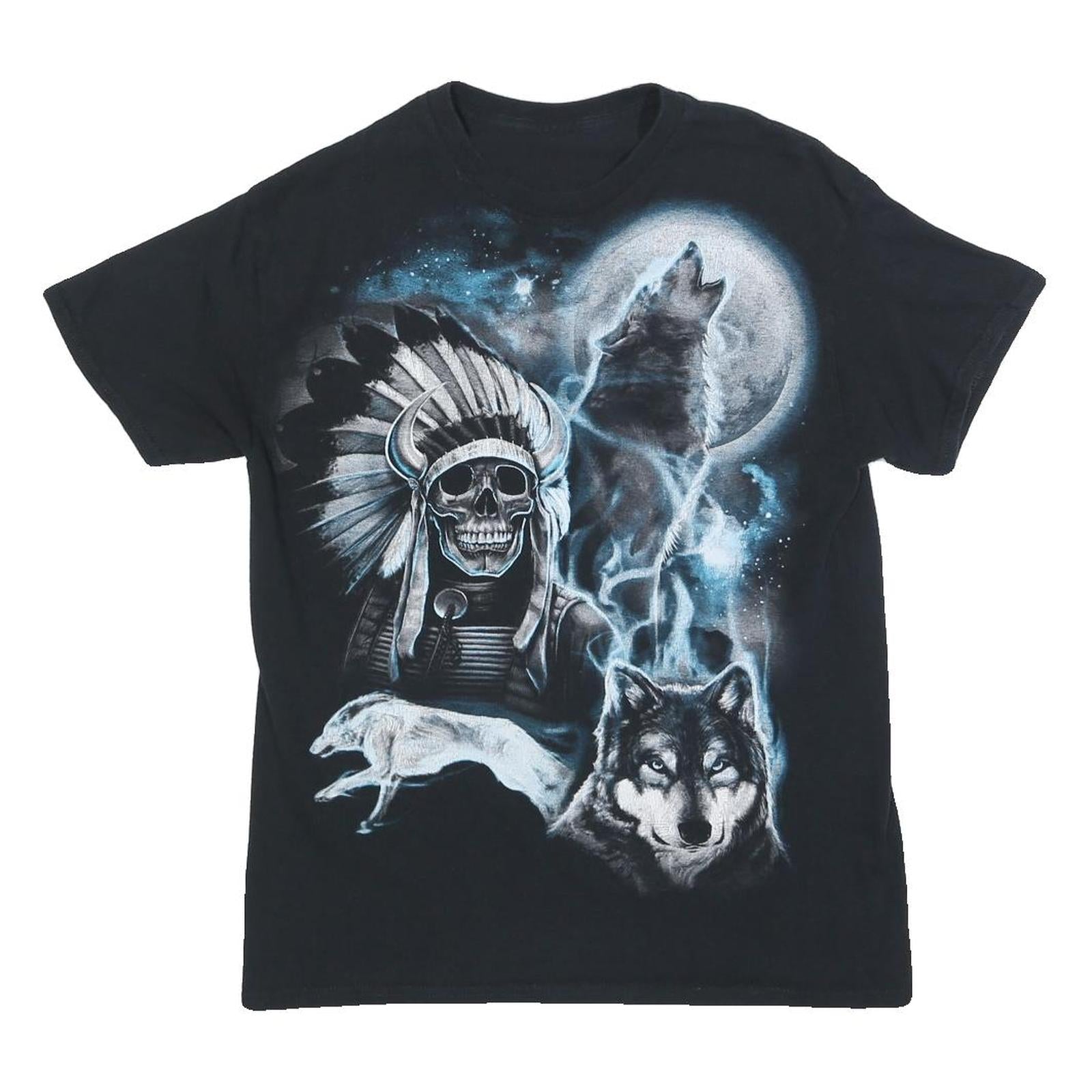 Mens Black Graphic T-Shirt S Short Sleeve Crew Neck Skull Wolf Print Refurbished - N/A refurbished available on Cerqular