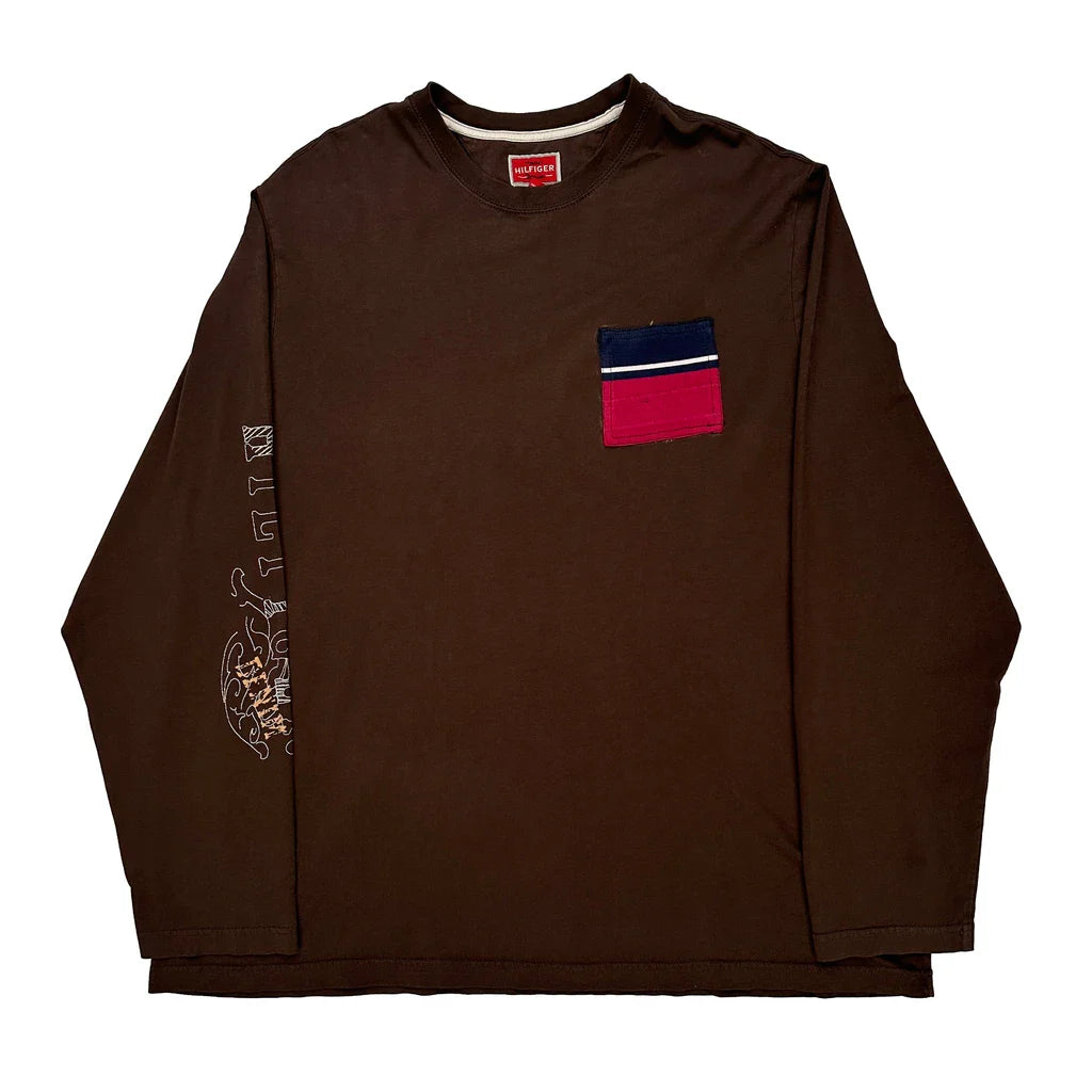 Tommy Hilfiger Denim Graphic Long Sleeve T-Shirt - 2XL Brown Cotton Refurbished - Thrifted (note: this is a term often used to describe second- refurbished available on Cerqular