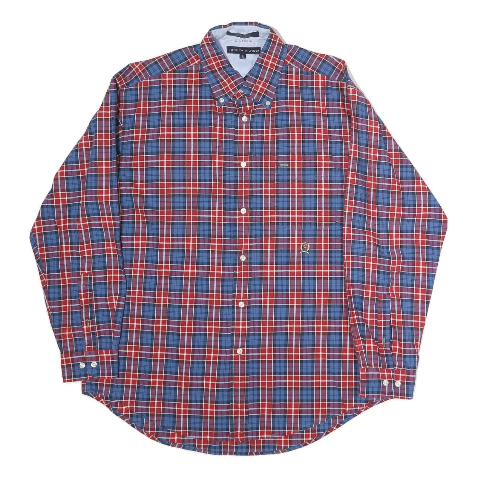 TOMMY HILFIGER Mens Red & Blue Check Shirt L Long Sleeve Button Down Cotton Refurbished - N/A refurbished available on Cerqular
