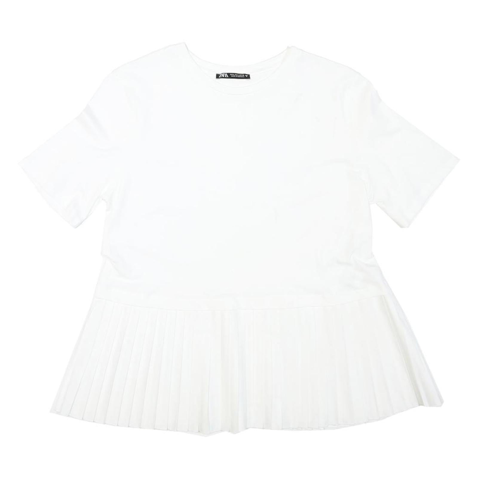 ZARA Womens White Basic Top Short Sleeve Crew Neck Pleated L Comfort Refurbished - N/A refurbished available on Cerqular