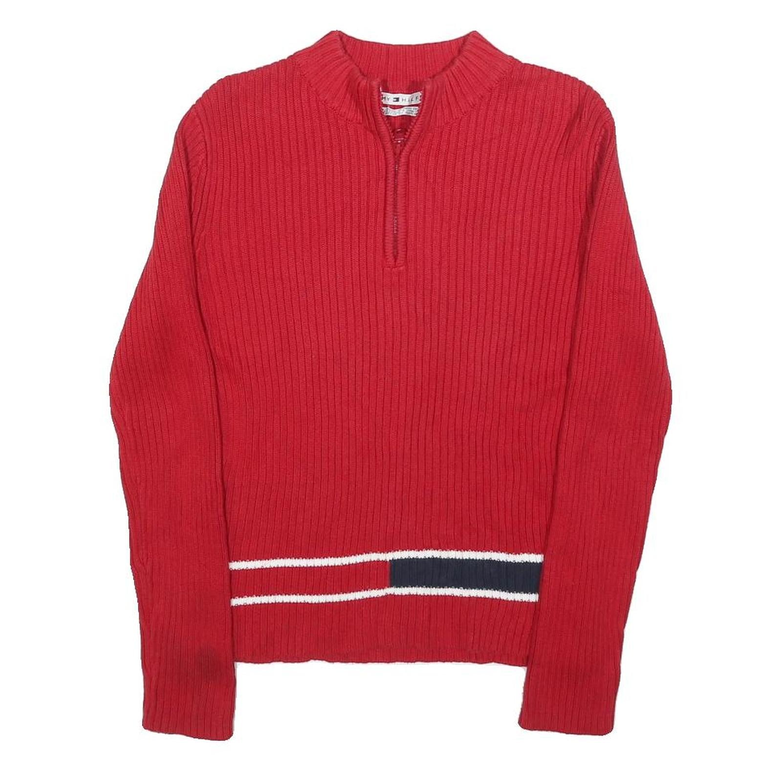 TOMMY HILFIGER Womens Red Fashion Patterned Jumper 1/4 Zip Rib Knit M Cotton Refurbished - N/A refurbished available on Cerqular