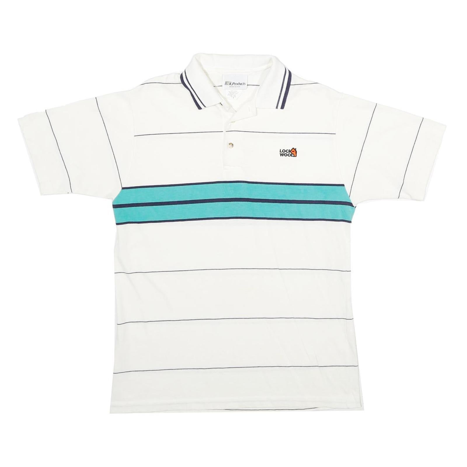 K-PRODUCTS Mens White & Teal Striped Short Sleeve Polo Shirt M Logo Embroidered Refurbished - N/A refurbished available on Cerqular