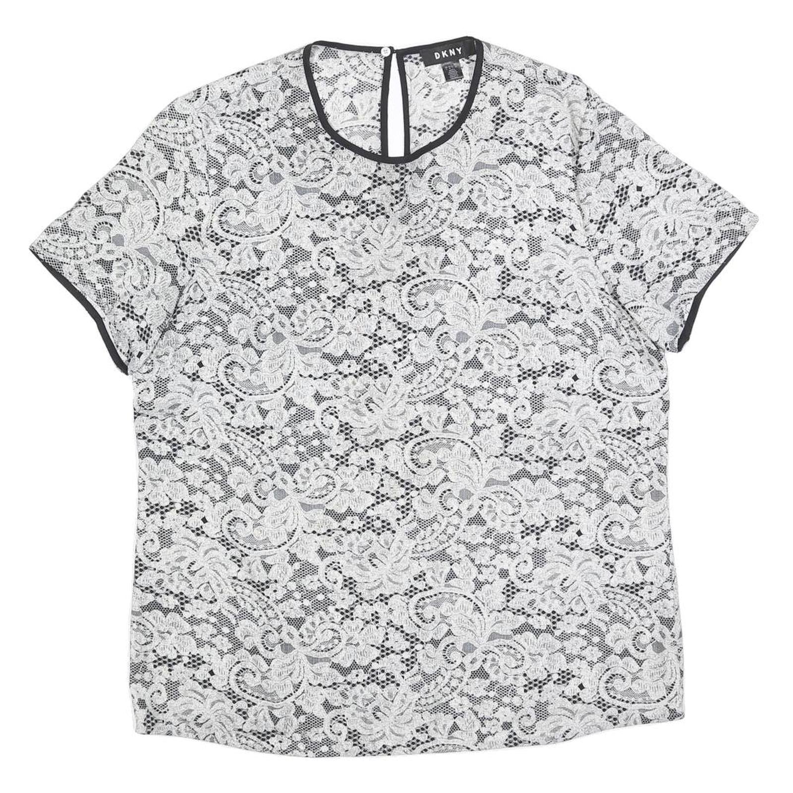 DKNY Womens Black & White Lace Printed Top Short Sleeve Round Neck L Stylish Refurbished - N/A refurbished available on Cerqular