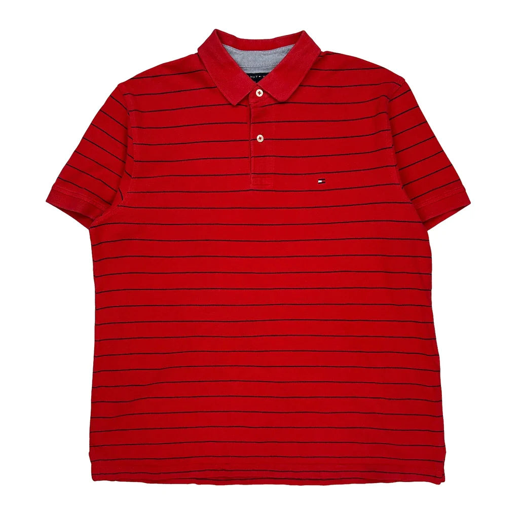 Tommy Hilfiger Striped Polo Shirt - Large Red Cotton Refurbished - Thrifted (note: this is a term often used to describe second- refurbished available on Cerqular
