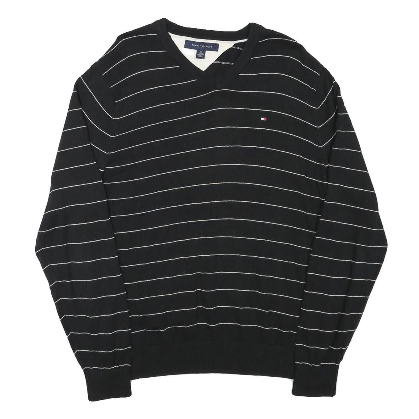 TOMMY HILFIGER Mens Black & White Patterned Jumper V-Neck Basic Knit M Cotton Refurbished - N/A refurbished available on Cerqular