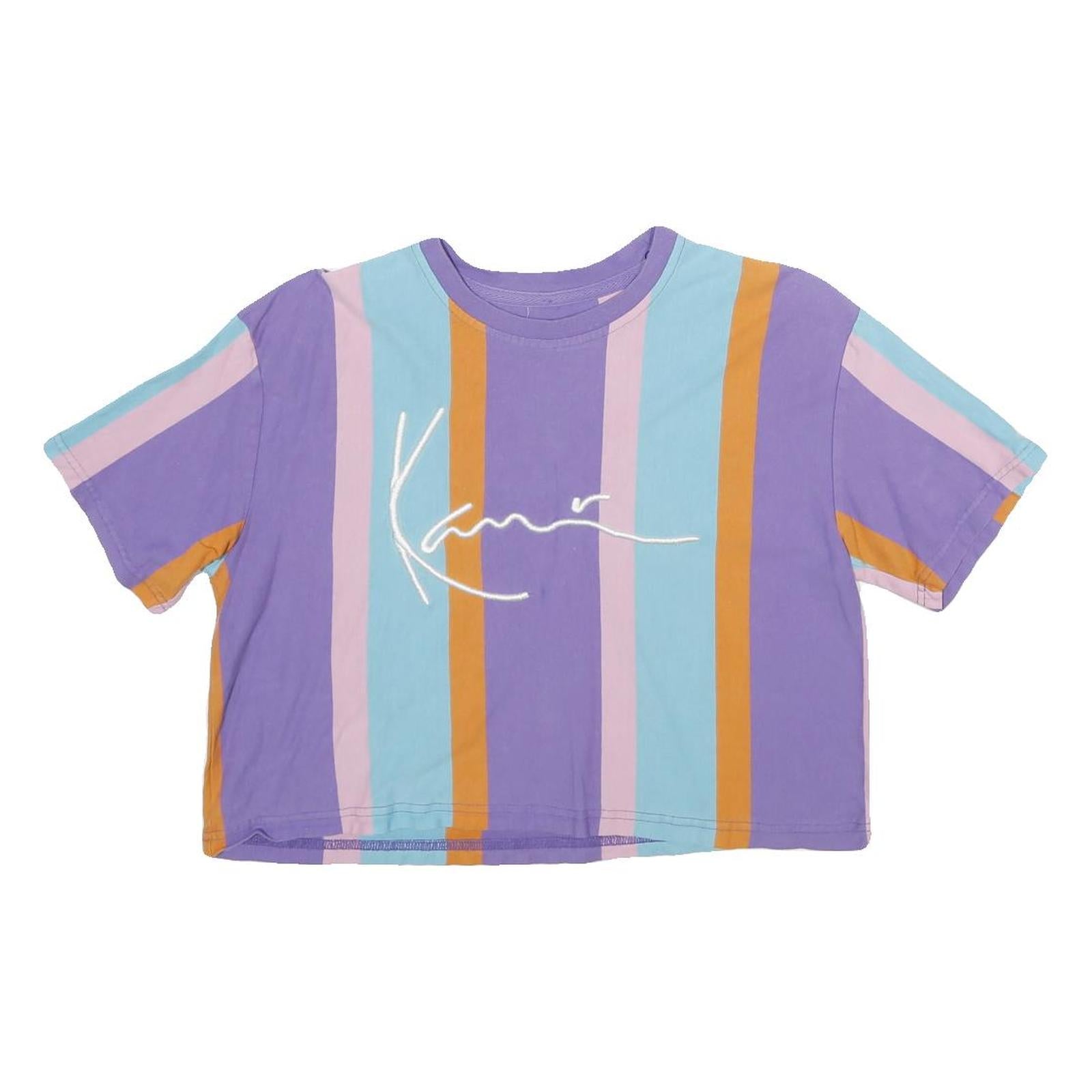 KARL KANI Womens Purple & Blue Stripe Graphic Crop T-Shirt S Short Sleeve Crew Refurbished - N/A refurbished available on Cerqular