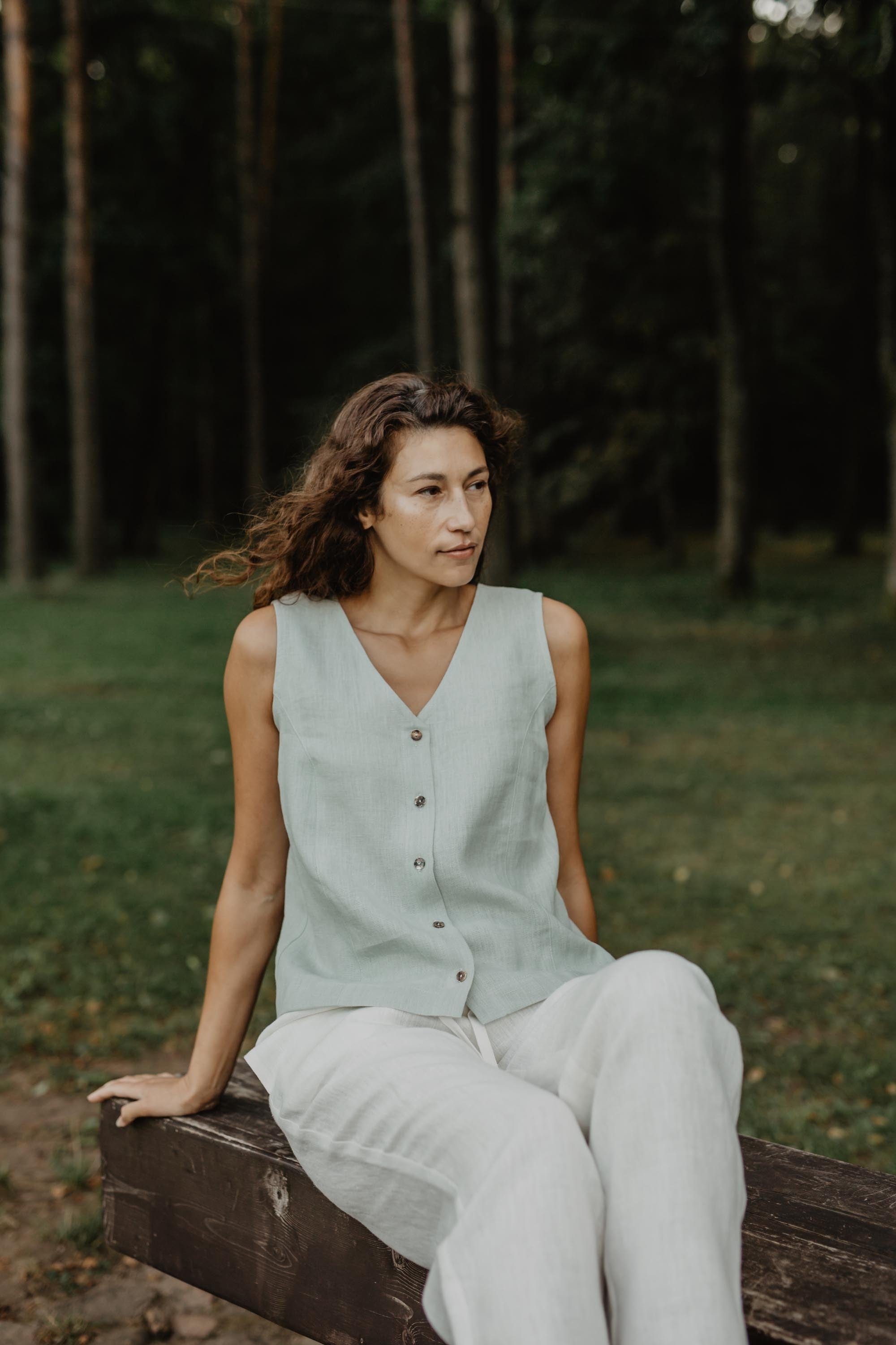 Tunis linen button vest top in Sage Green | Size: XS Refurbished - Amour Linen refurbished available on Cerqular