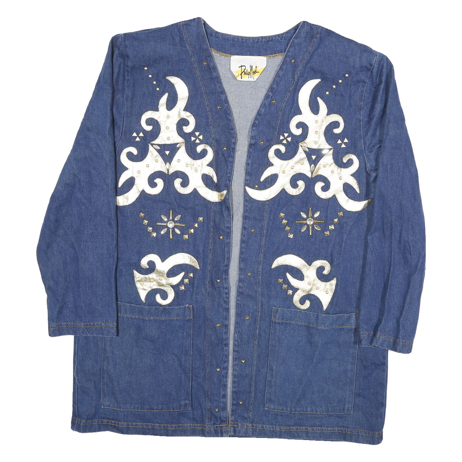 PHILIP NOEL Womens Blue Cotton Embellished Jacket XL Denim Pattern Stylish Open Refurbished - N/A refurbished available on Cerqular