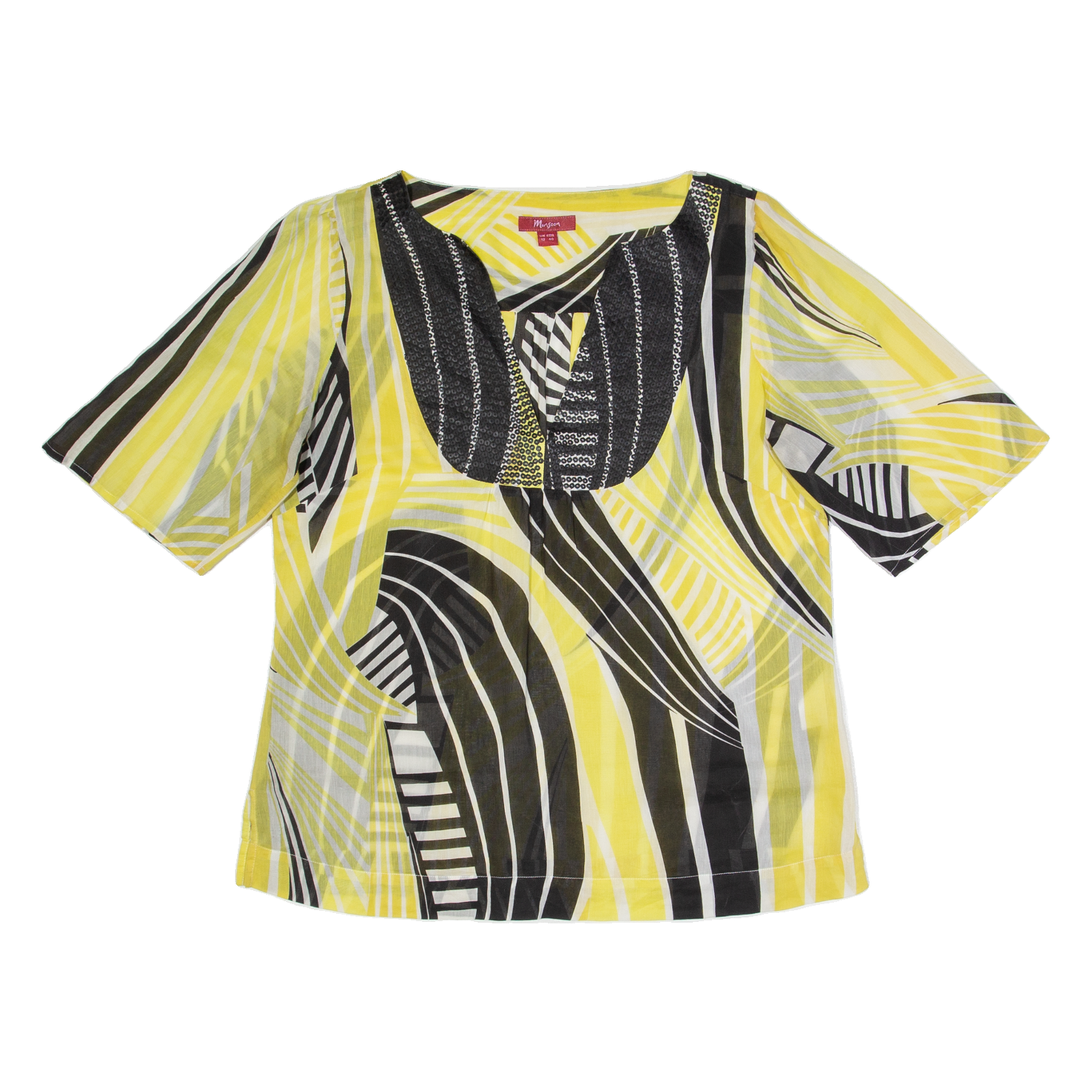 MONSOON Sheer Womens Printed Top Yellow V-Neck Silk Crazy Pattern UK 12 Refurbished - N/A refurbished available on Cerqular