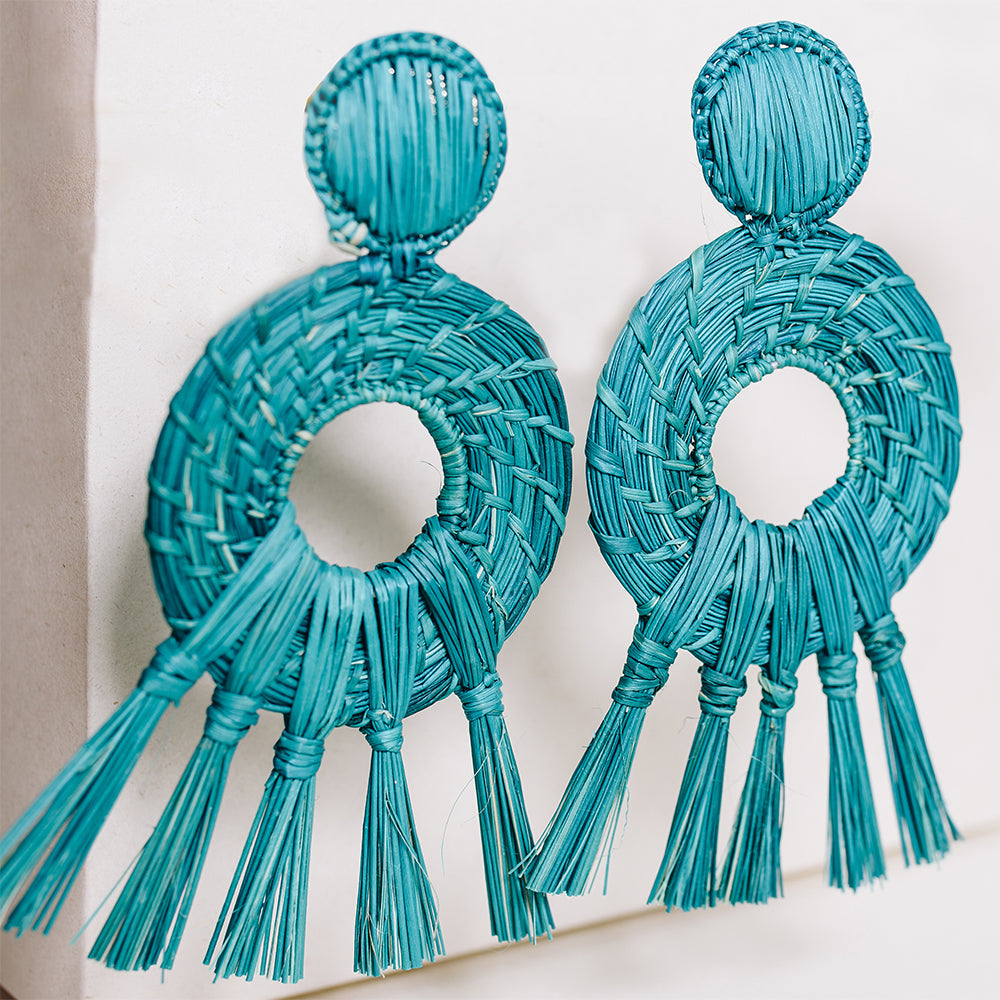 Oasis Mustard Earrrings - Handmade Iraca Palm Earrings | Color: Blue Refurbished - Apalma Handmade refurbished available on Cerqular