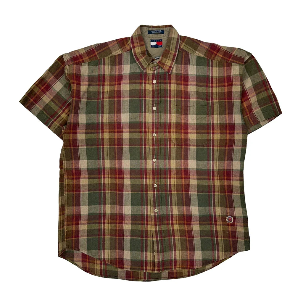 Tommy Hilfiger Checked Short Sleeve Shirt - Medium Multicoloured Linen Blend Refurbished - Thrifted (note: this is a term often used to describe second- refurbished available on Cerqular