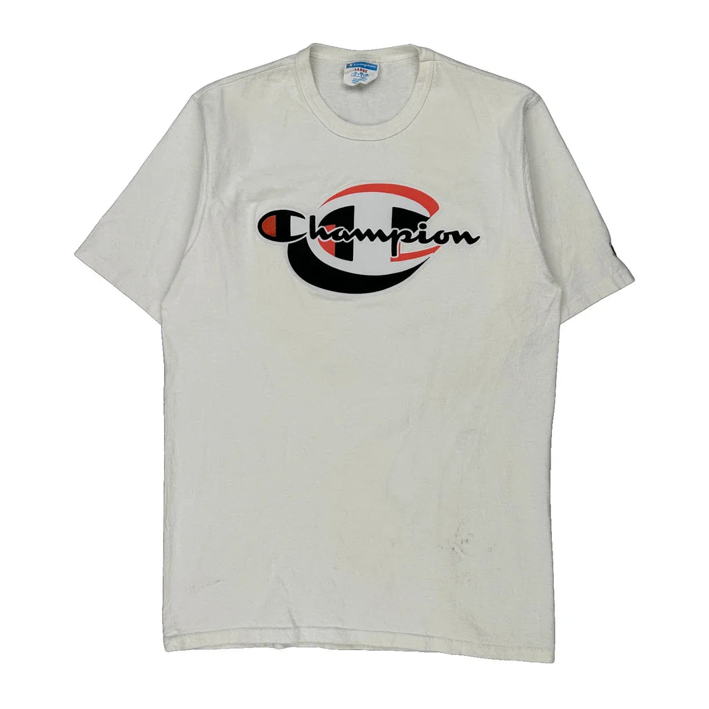 Champion T-Shirt - Large White Cotton Refurbished - Thrifted (note: this is a term often used to describe second- refurbished available on Cerqular