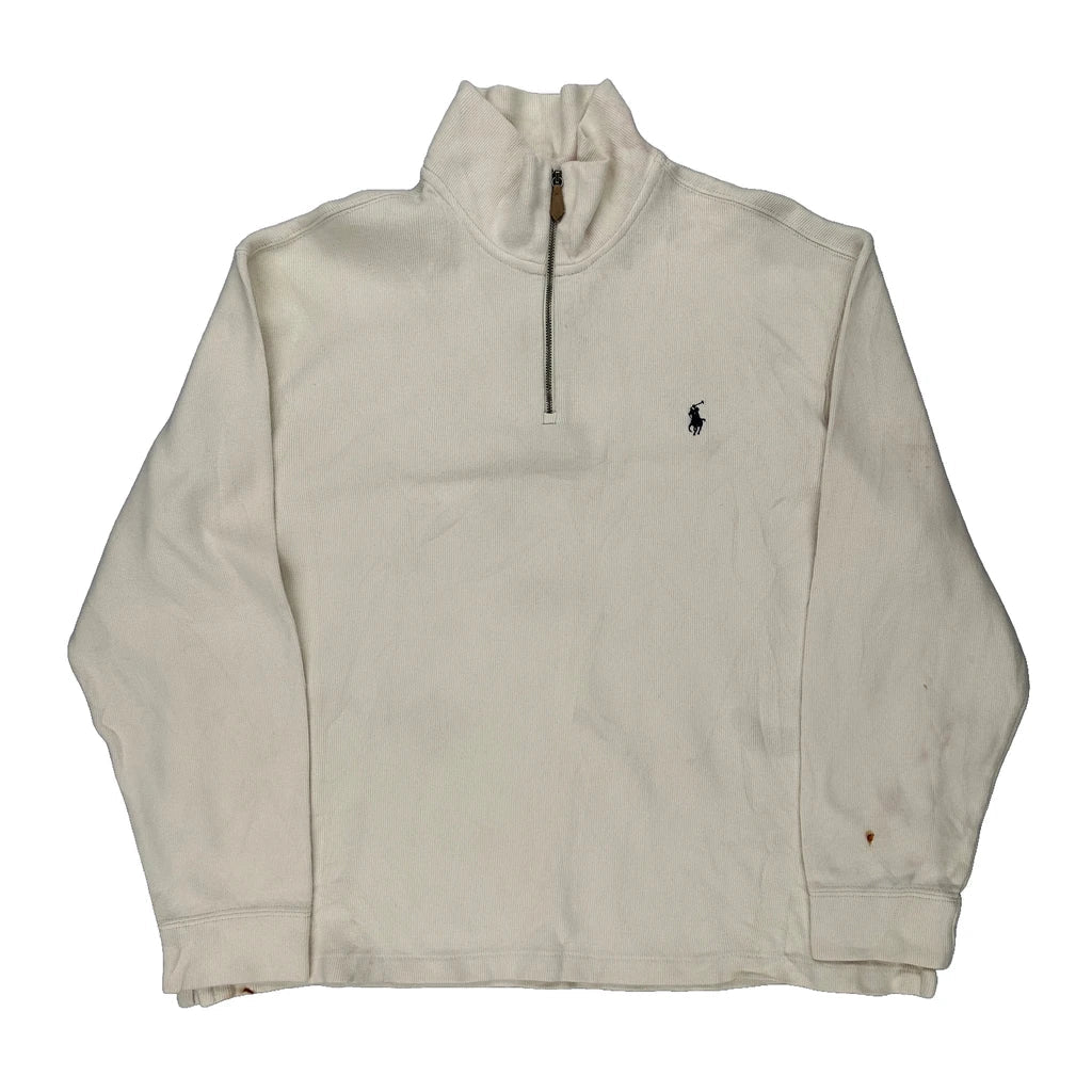 Polo By Ralph Lauren 1/4 Zip - XL Cream Cotton Refurbished - Thrifted (note: this is a term often used to describe second- refurbished available on Cerqular