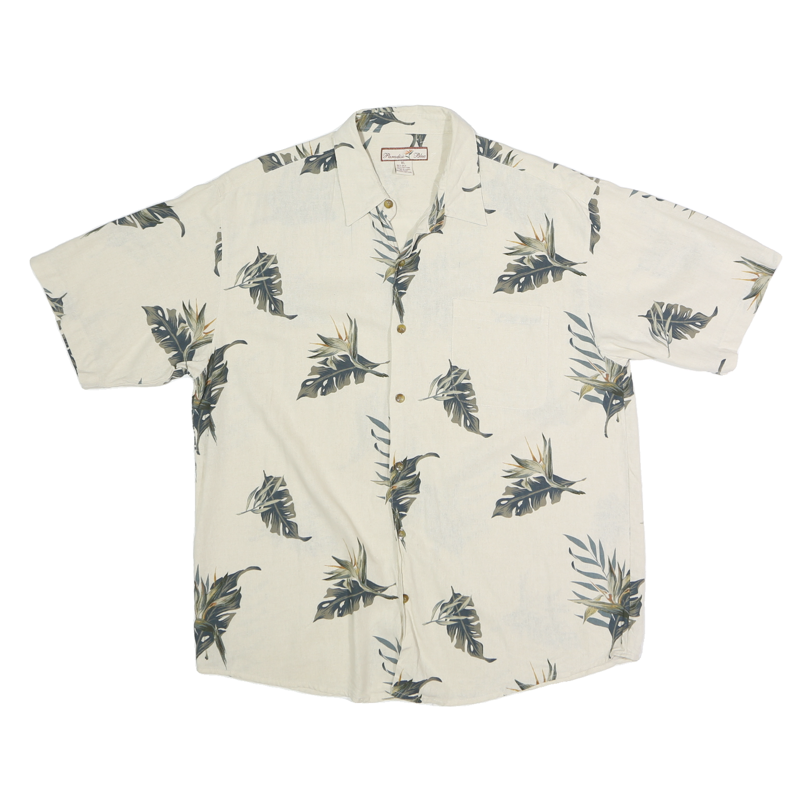 PARADISE BLUE Mens Cream & Grey Leaf Print Cotton Shirt M Casual Summer Shirt Refurbished - N/A refurbished available on Cerqular