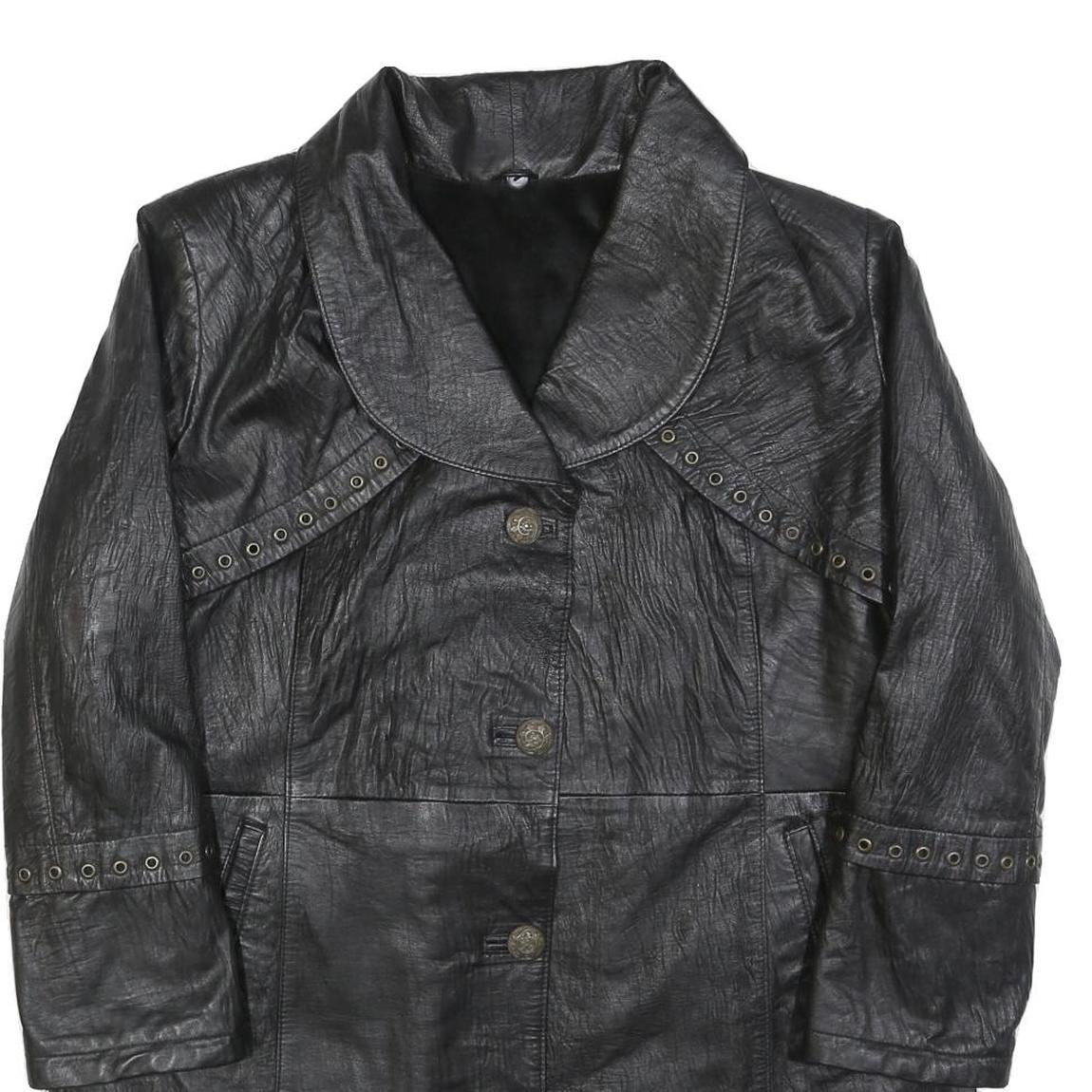 Womens Black Leather Button Jacket M Plain Classic Stylish Eyelet Detail Refurbished - N/A refurbished available on Cerqular