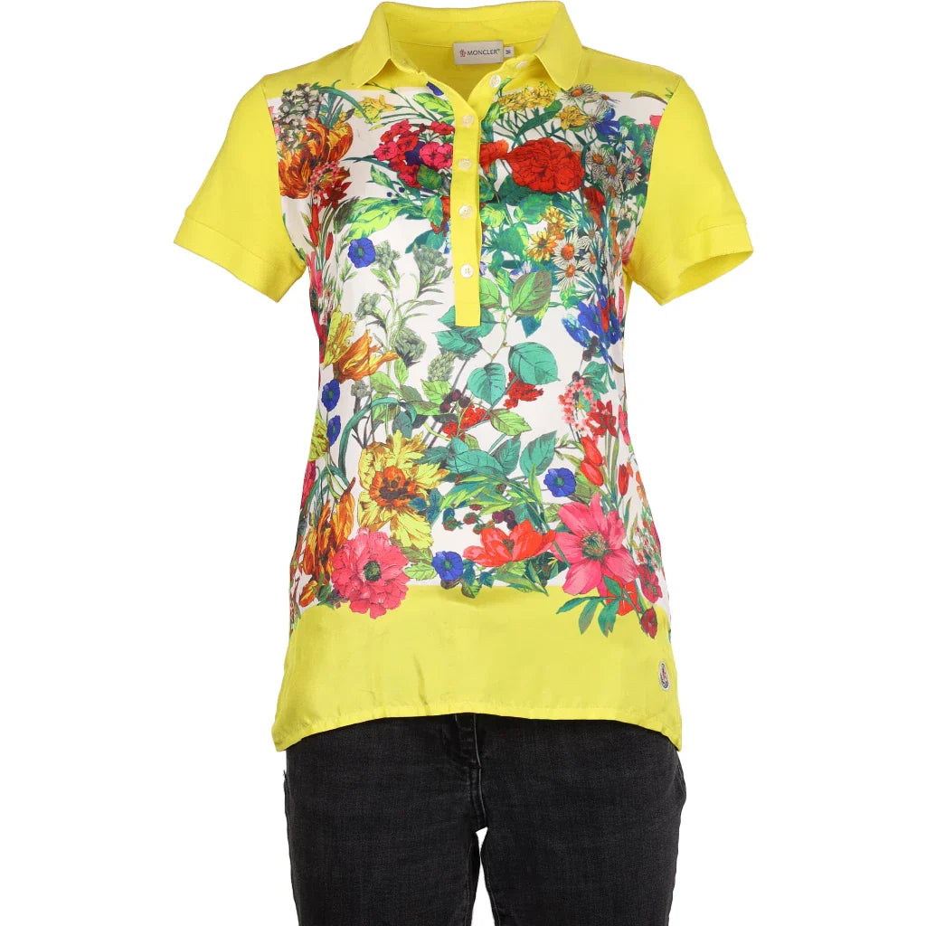 Moncler Floral Polo Shirt - Medium Yellow Cotton Blend Refurbished - Thrifted (note: this is a term often used to describe second- refurbished available on Cerqular