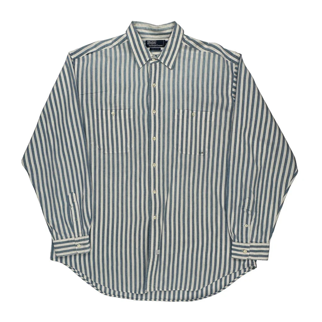 Polo By Ralph Lauren Striped Shirt - 2XL Blue Cotton Refurbished - Thrifted (note: this is a term often used to describe second- refurbished available on Cerqular