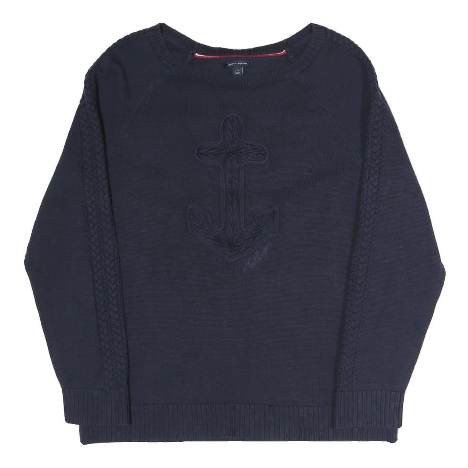 TOMMY HILFIGER Womens Navy Plain Jumper Crew Neck Basic Knit L Cotton Blend Refurbished - N/A refurbished available on Cerqular