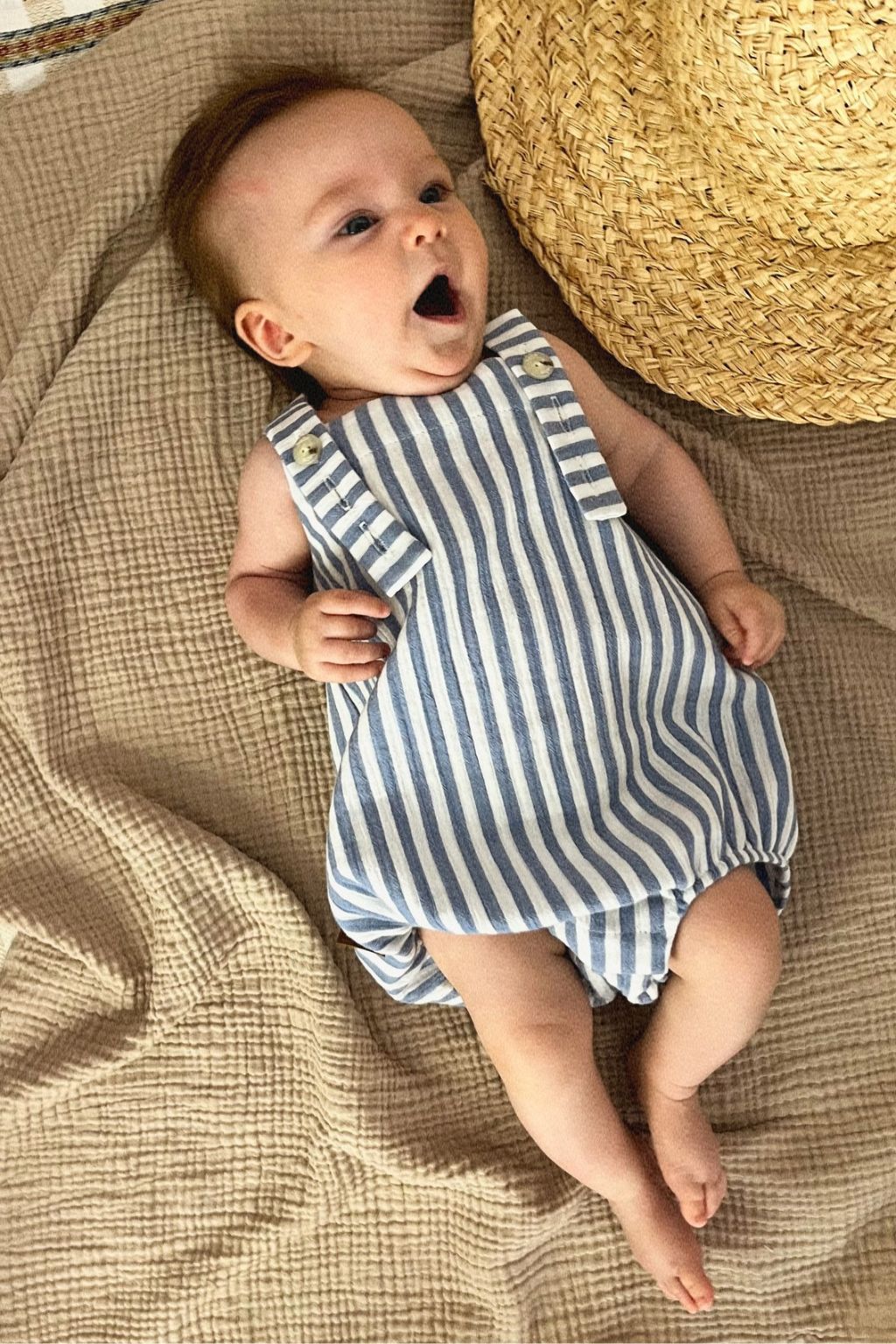 Organic Baby Romper - Blue White Stripes | Size: 12-24m(86-92cm) Refurbished - N/A (Note: This brand may not be well-known globally refurbished available on Cerqular