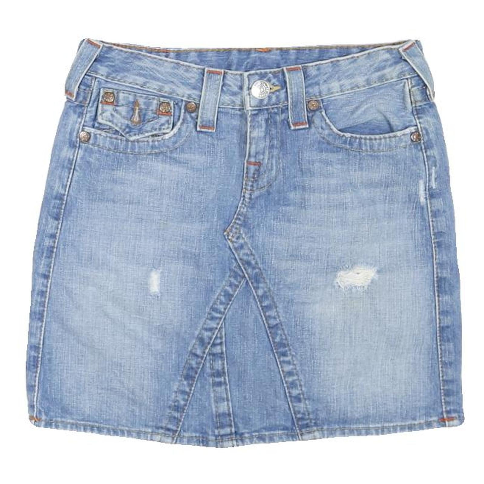 TRUE RELIGION Womens Blue Denim Mini Cotton Blend Skirt XS Distressed Casual Refurbished - N/A refurbished available on Cerqular