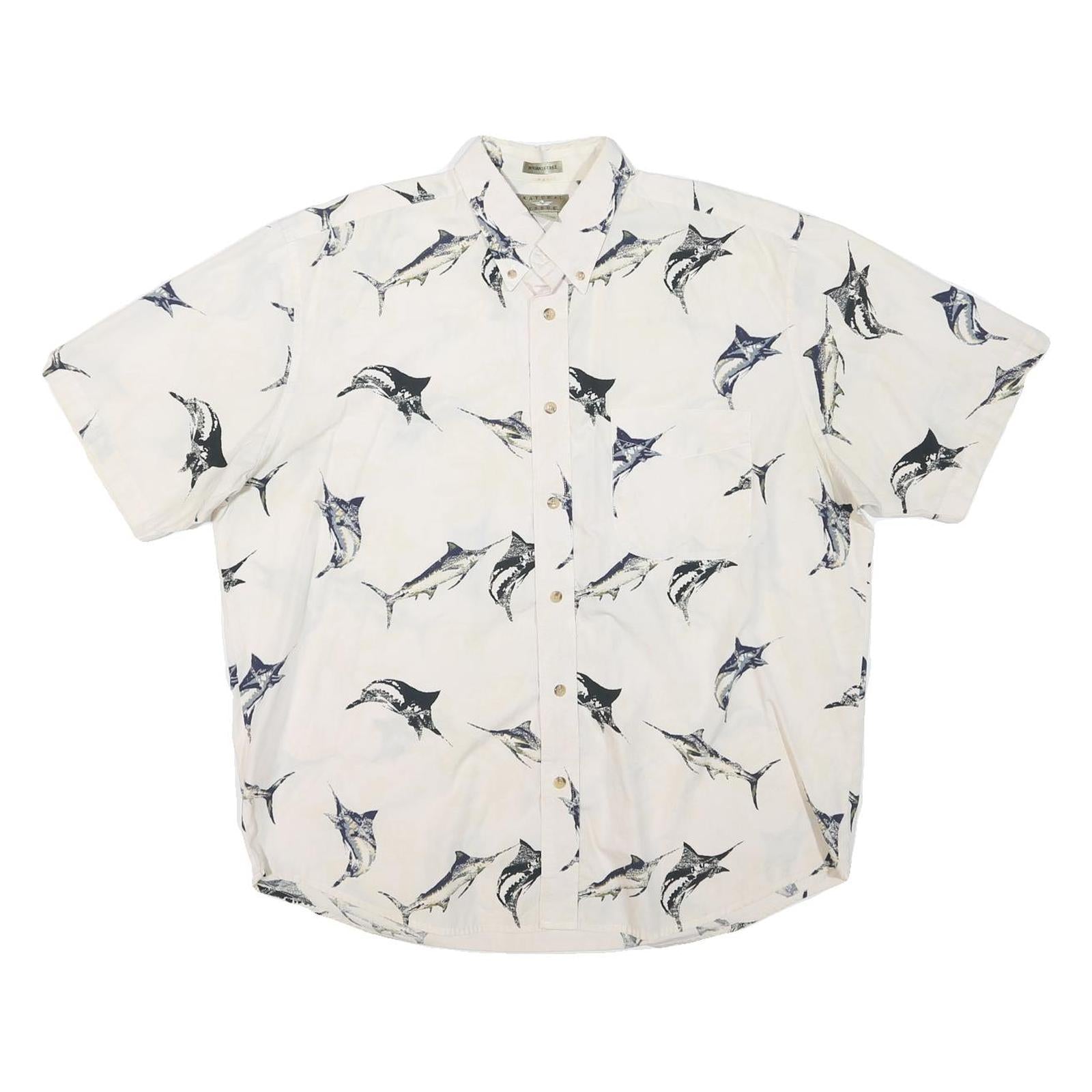 NATURAL ISSUE Mens White & Blue Fish Print Cotton Blend Shirt L Casual Summer Refurbished - N/A refurbished available on Cerqular