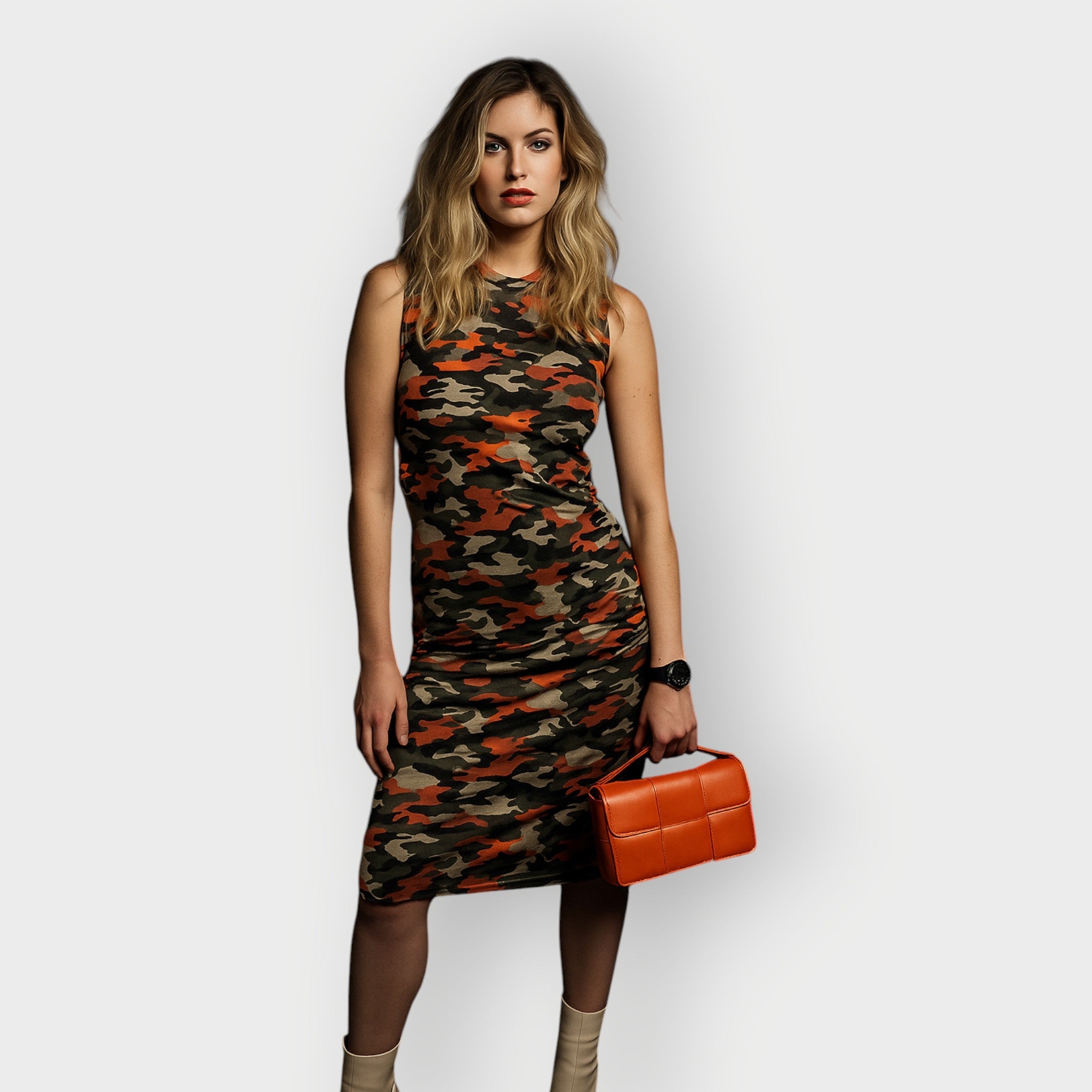 Boudicca Summer Orange Camouflage Ruched Dress-Inclusive Plus Size up to UK 24 / US 20 | Size: Size UK 16/ US 12 | Color: Orange Refurbished - N/A refurbished available on Cerqular