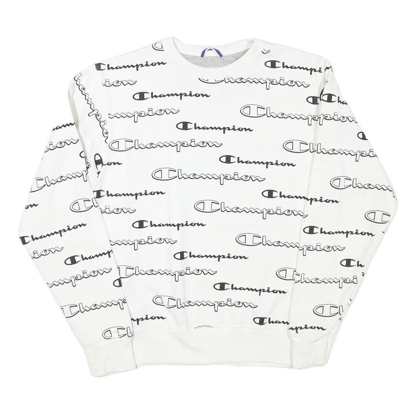 CHAMPION Mens White Cotton Blend Crew Neck Sweatshirt S Printed Logo All Over Refurbished - N/A refurbished available on Cerqular