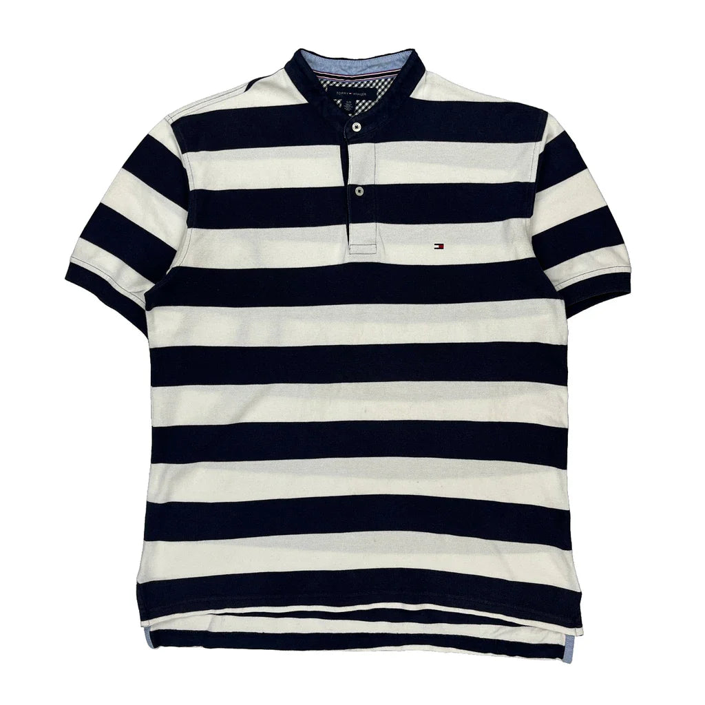 Tommy Hilfiger Striped Polo Shirt - Large Navy Cotton Refurbished - Thrifted (note: this is a term often used to describe second- refurbished available on Cerqular