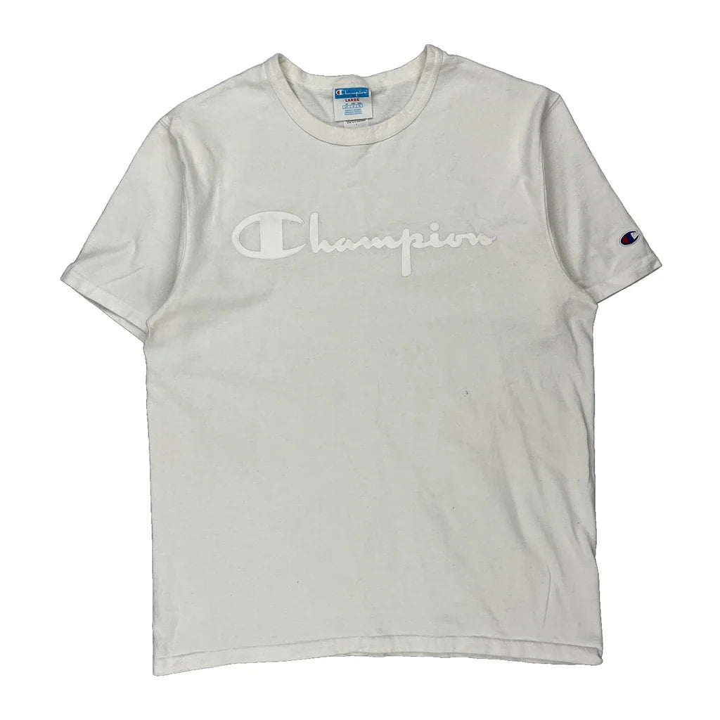 Champion T-Shirt - Large White Cotton Refurbished - Thrifted (note: this is a term often used to describe second- refurbished available on Cerqular