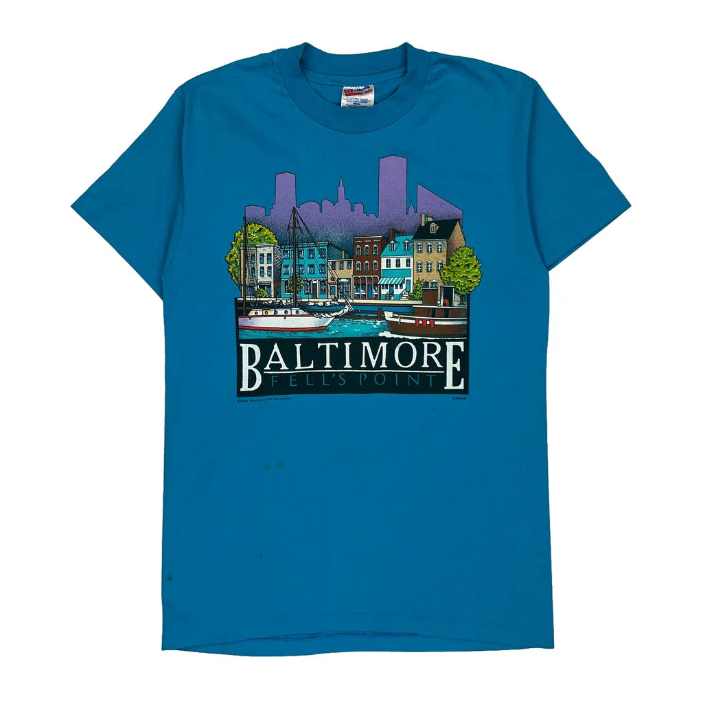 Single Stitch Baltimore Fell'S Point Hanes Graphic T-Shirt - Medium Blue Cotton Blend Refurbished - Thrifted (note: this is a term often used to describe second- refurbished available on Cerqular