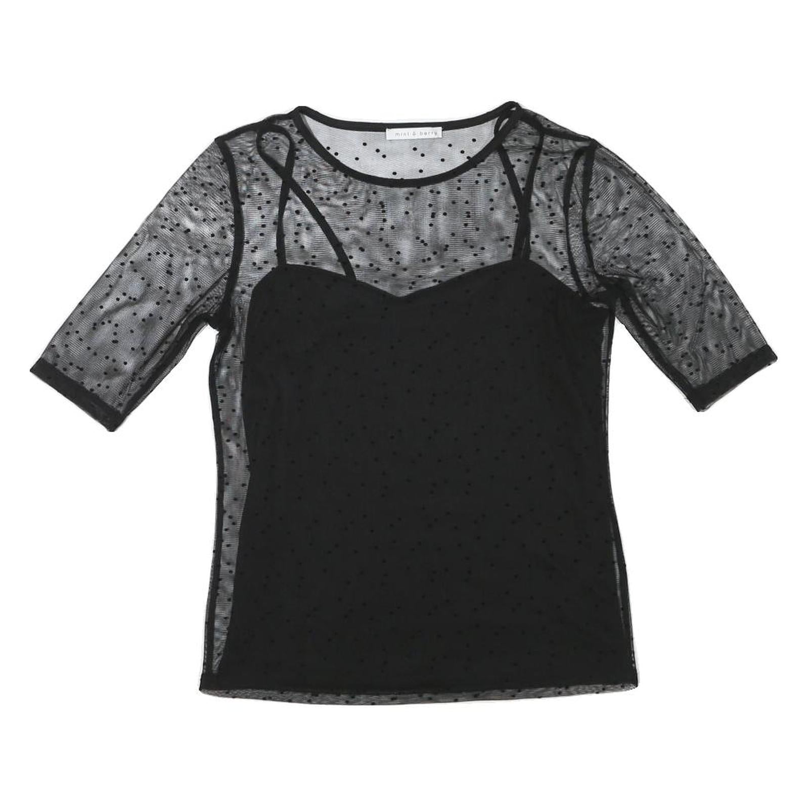 MINT BERRY Womens Black Sheer Mesh Polka Dot Cropped Top Short Sleeve Round Neck Refurbished - N/A refurbished available on Cerqular