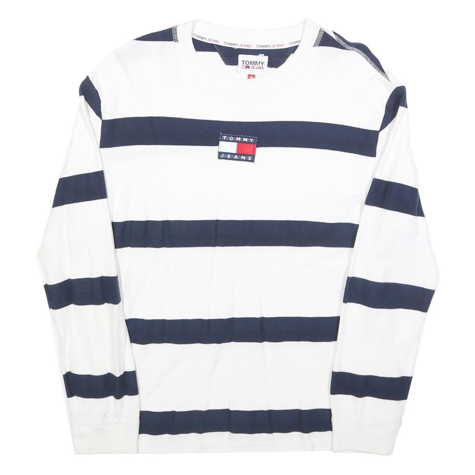 TOMMY JEANS Mens White & Navy Stripe Plain Cotton Blend Crew Neck Basic Knit Refurbished - N/A refurbished available on Cerqular